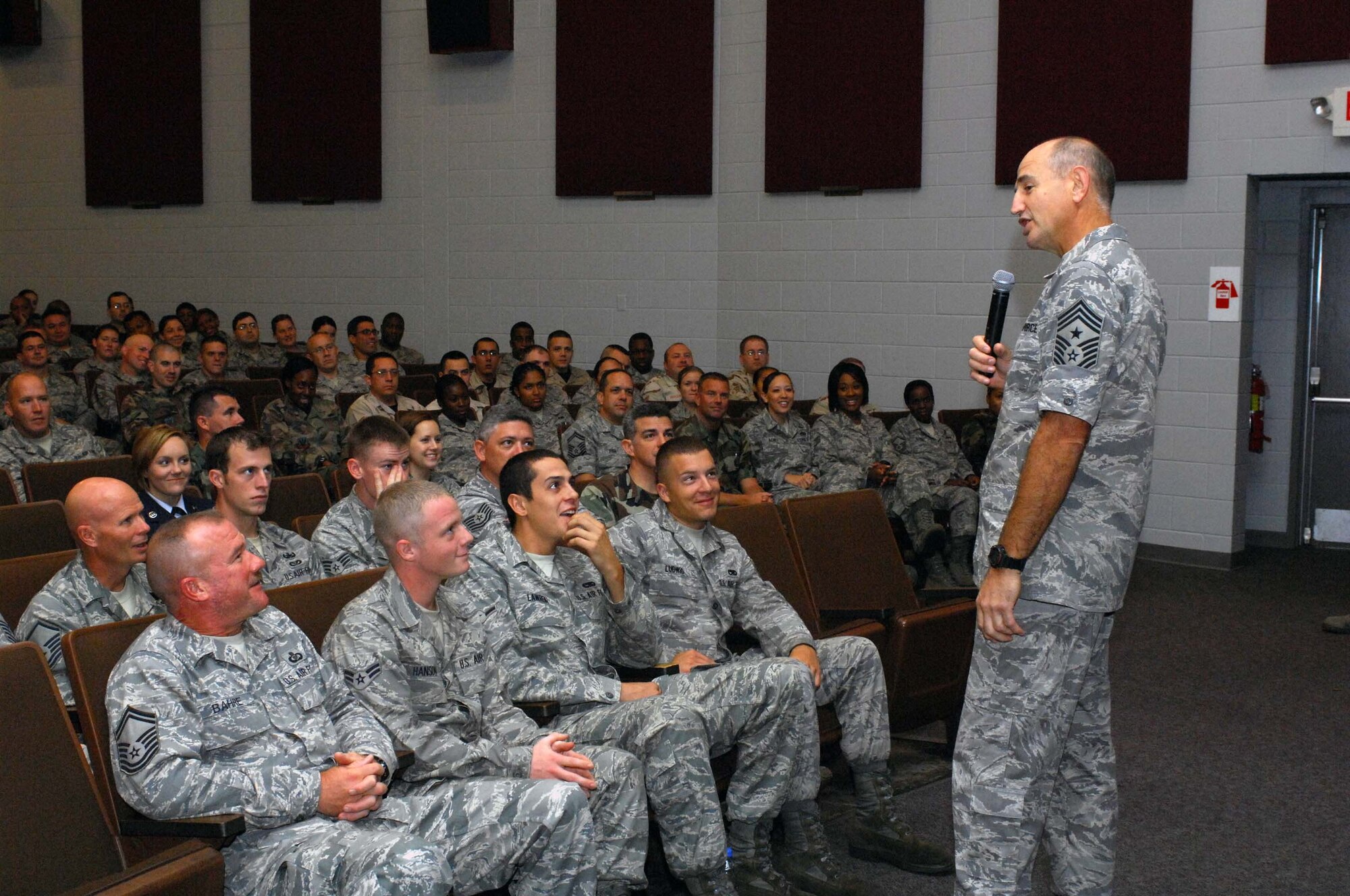 SHAW AIR FORCE BASE, S.C. -- Chief Master Sgt. Stephen Sullens, Air Combat Command command chief, speaks with enlisted Airman at the base theatre, Sept. 19. Chief Sullens spoke about current Air Force news and answered questions from the audience. (U.S. Air Force photo/Senior Airman William Coleman)