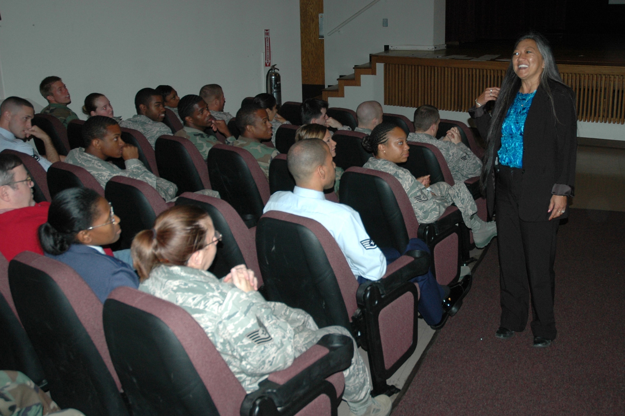 MINOT AIR FORCE BASE, N.D. -- Marilyn Nurnberger, base sexual assault response coordinator, gives Minot AFB Airmen their annual SARC briefing at the base theater here Sept. 22.  The Department of Defense-mandated briefing is designed to increase awareness of sexual assault, reporting procedures and available resources. (U.S. Air Force photo by Senior Airman Wesley Wright)