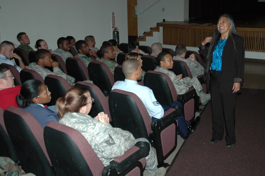 MINOT AIR FORCE BASE, N.D. -- Marilyn Nurnberger, base sexual assault response coordinator, gives Minot AFB Airmen their annual SARC briefing at the base theater here Sept. 22.  The Department of Defense-mandated briefing is designed to increase awareness of sexual assault, reporting procedures and available resources. (U.S. Air Force photo by Senior Airman Wesley Wright)