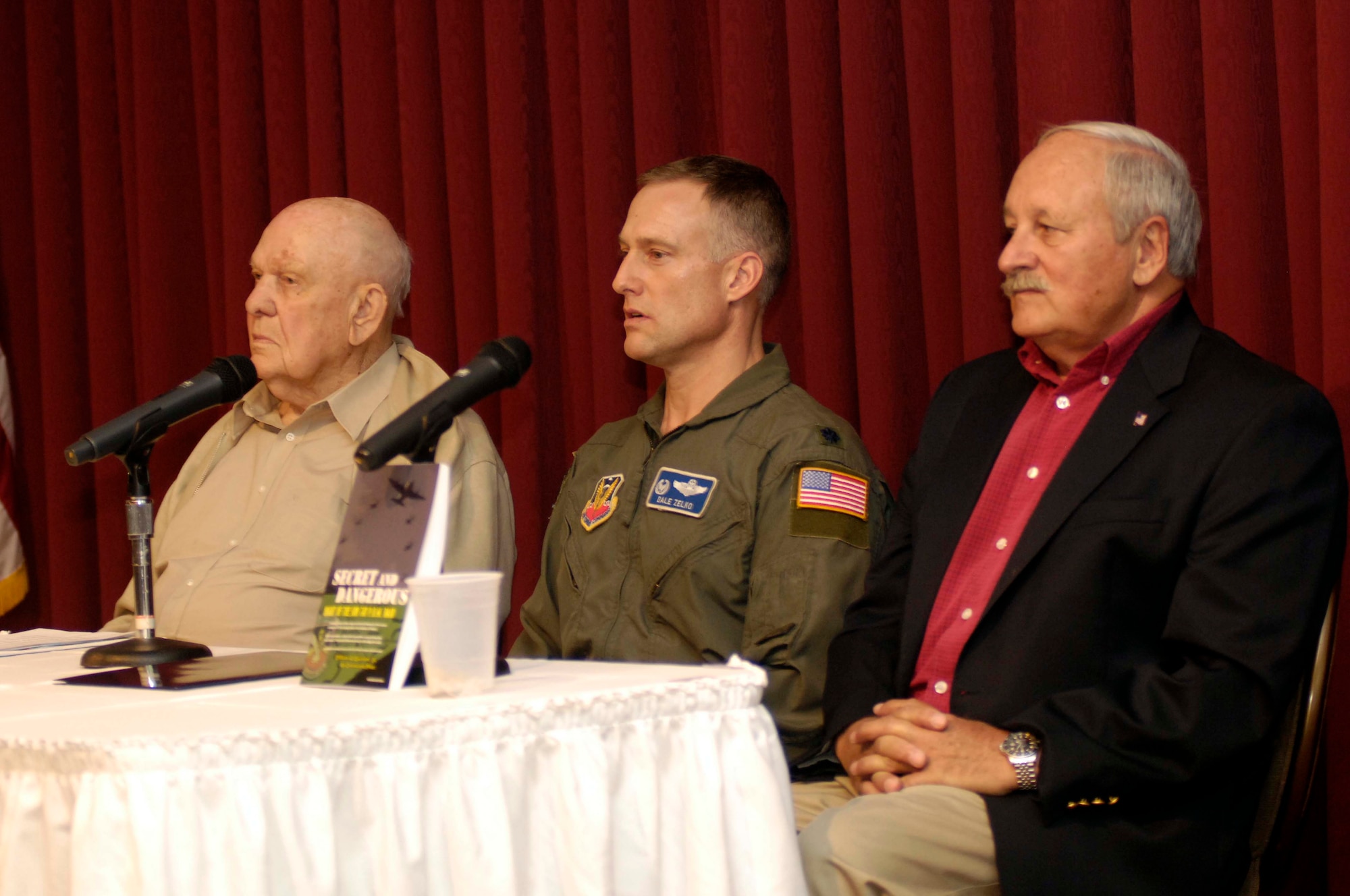 HANSCOM AFB, Mass. – The first Heritage of Freedom event was held at the Minuteman Club on Sept. 19, with guest speakers, from left, Joseph Poshefko, who served as an armorer with the legendary Flying Tigers during World War II, retired Lt. Col. Dale Zelko, an F-117 pilot who was shot down over Serbia during Operation Allied Force and retired Maj. William A. Guenon Jr., who served as a C-130 pilot during the Vietnam War.  (U.S. Air Force photo by Walter Santos)