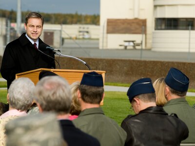 ELMENDORF AIR FORCE BASE, Alaska -- Alaska Lt. Gov. Sean Parnell, delivers the executive proclamation by Gov. Sarah Palin during the POW/MIA ceremony Sept. 19. The proclamation stated that Sept. 19 would be known as POW/MIA recognition day in Alaska. (U.S. Air Force photo/Staff Sgt. Joshua Garcia)