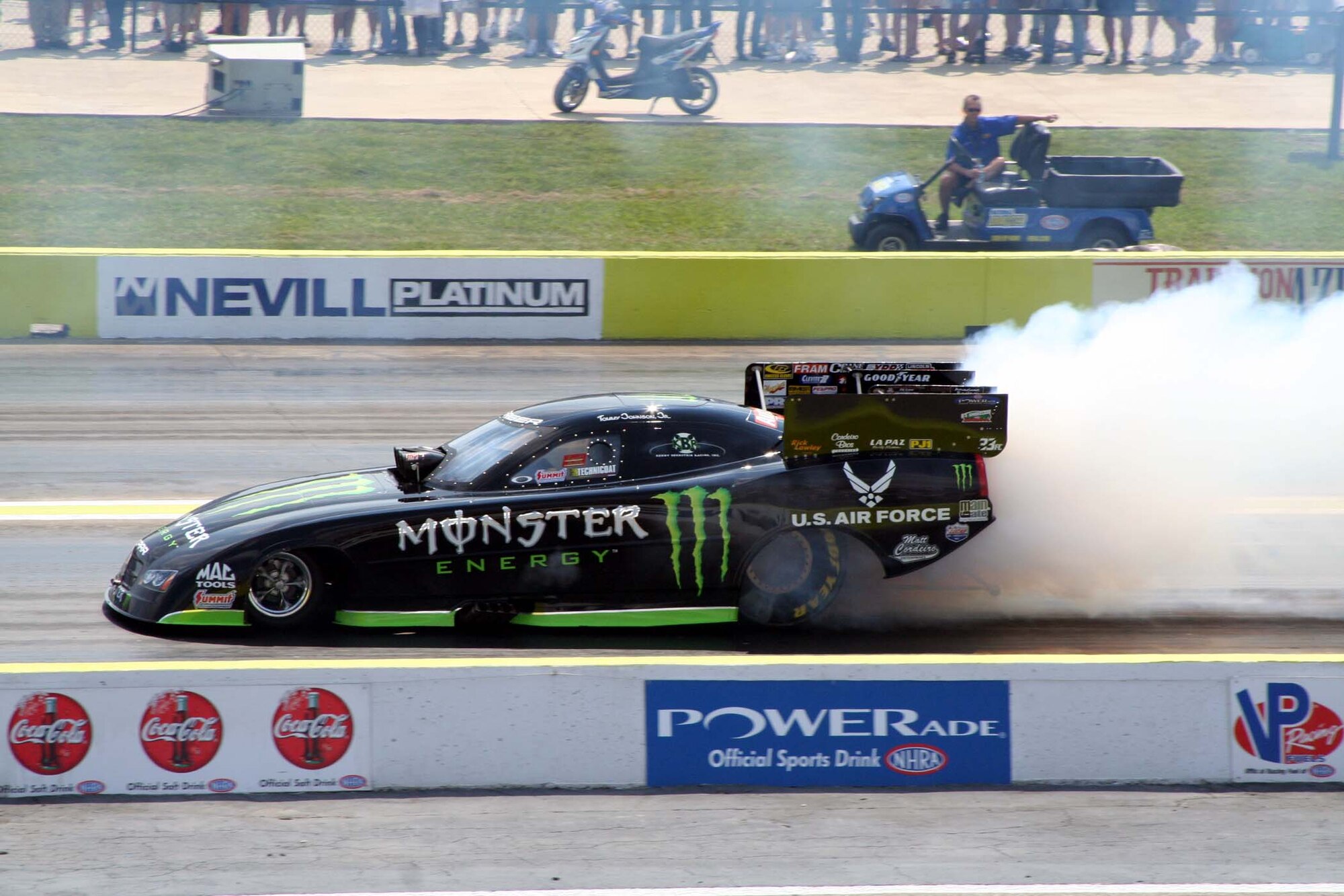 The Monster/U.S. Air Force funny car prepares for the start of its first qualifying run on Sept. 20, at the Texas Motorplex in Ennis, Texas. (Photo by Tech. Sgt. John Redding)