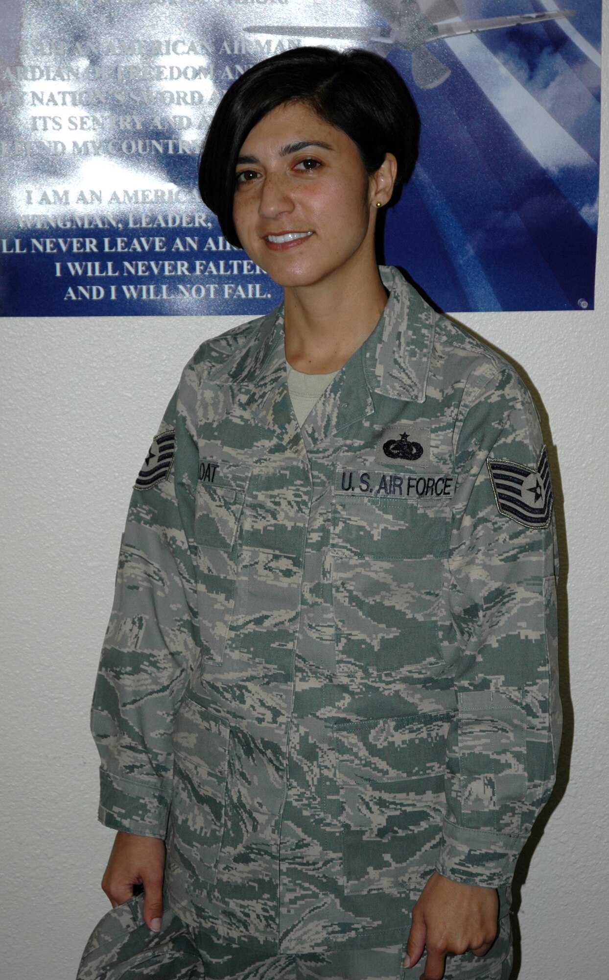 MOUNTAIN HOME AIR FORCE BASE, Idaho -- Technical Sgt. Meliza Bloat works as the supply noncommissioned officer in charge for the 366th Aircraft Maintenance Squadron, 390th Aircraft Maintenance Unit. (U.S. Air Force photo\ Staff Sgt. Rodney Ivey)