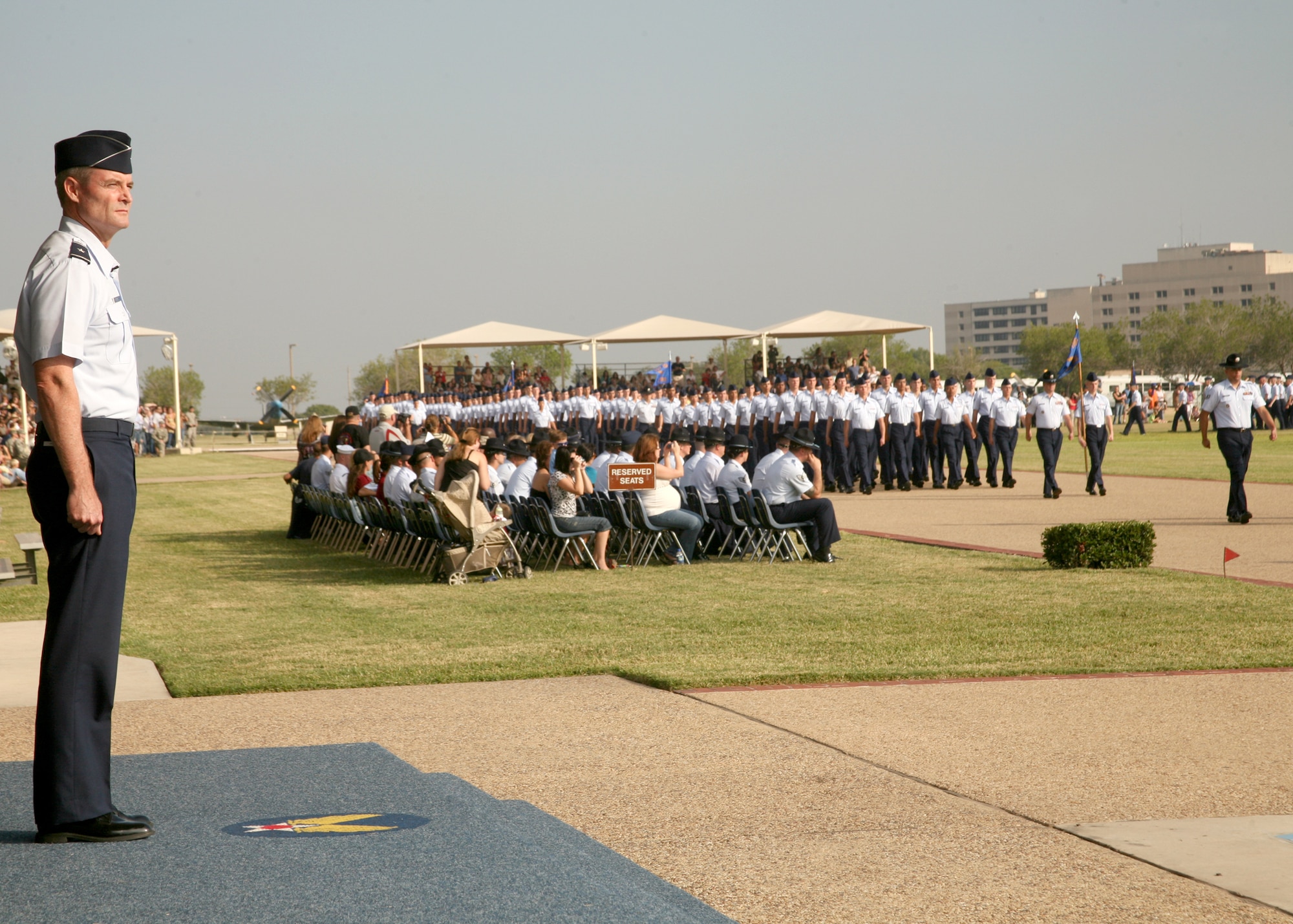 Brig. Gen. Darryl Roberson,  325th Fighter Wing commander, Tyndall Air Force Base, reviews the troops during basic military training graduation ceremonies Sept 19 at Lackland AFB. (Photo by Robbin Cresswell, 37th Training Wing Public Affairs)