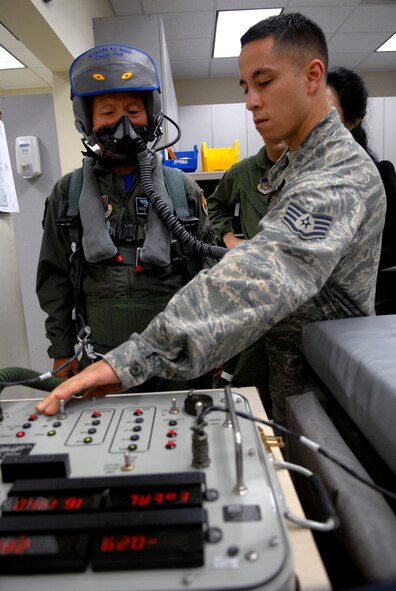 Staff Sgt. Ryan Rios,  an aircrew flight equipment craftsman with the 8th Operations Support Squadron, fits Gunsan City Mayor Dong Shin Moon's mask prior to his high-speed tax ride at Kunsan Air Base, Republic of Korea, Sept. 23. Mayor Moon was participating in the base's Pilot for a Day which is part of USFK's Good Neighbor Program.(U.S. Air Force photo by: Senior Airman Angela Ruiz)