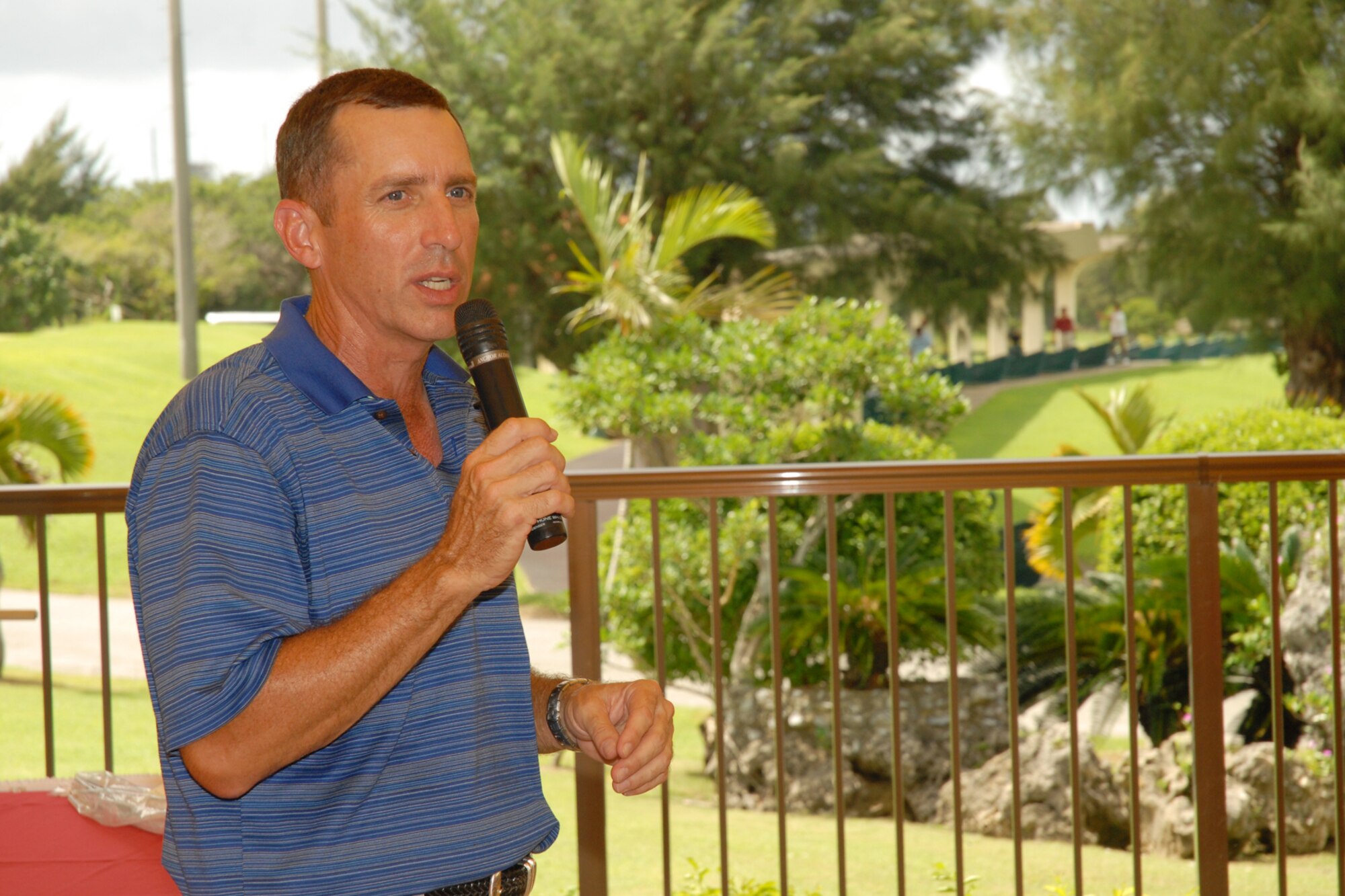 Brig. Gen. Brett T. Williams, 18th Wing commander, speaks to a crowd of golfers following the Friendship Golf Tournament at Kadena Air Base, Japan Sept. 23, 2008. The annual tournament allows U.S. and Japanese military and community leaders to gather for a day of golf and camaraderie. (U.S. Air Force photo/Airman 1st Class Chad Warren)