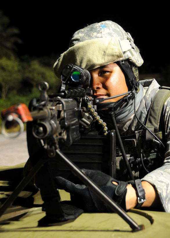 ANDERSEN AIR FORCE BASE, Guam - Staff Sgt. Kevin Ong, a Hawaii Air National Guard member from the 154th Security Forces Squadron, prepares to fire during an entry control point exercise at Commando Warrior here Sept. 19. During the Commando Warrior training, instructors focused on teaching PACAF defenders ground combat skills. (U.S. Air Force photo by Airman 1st Class Courtney Witt)