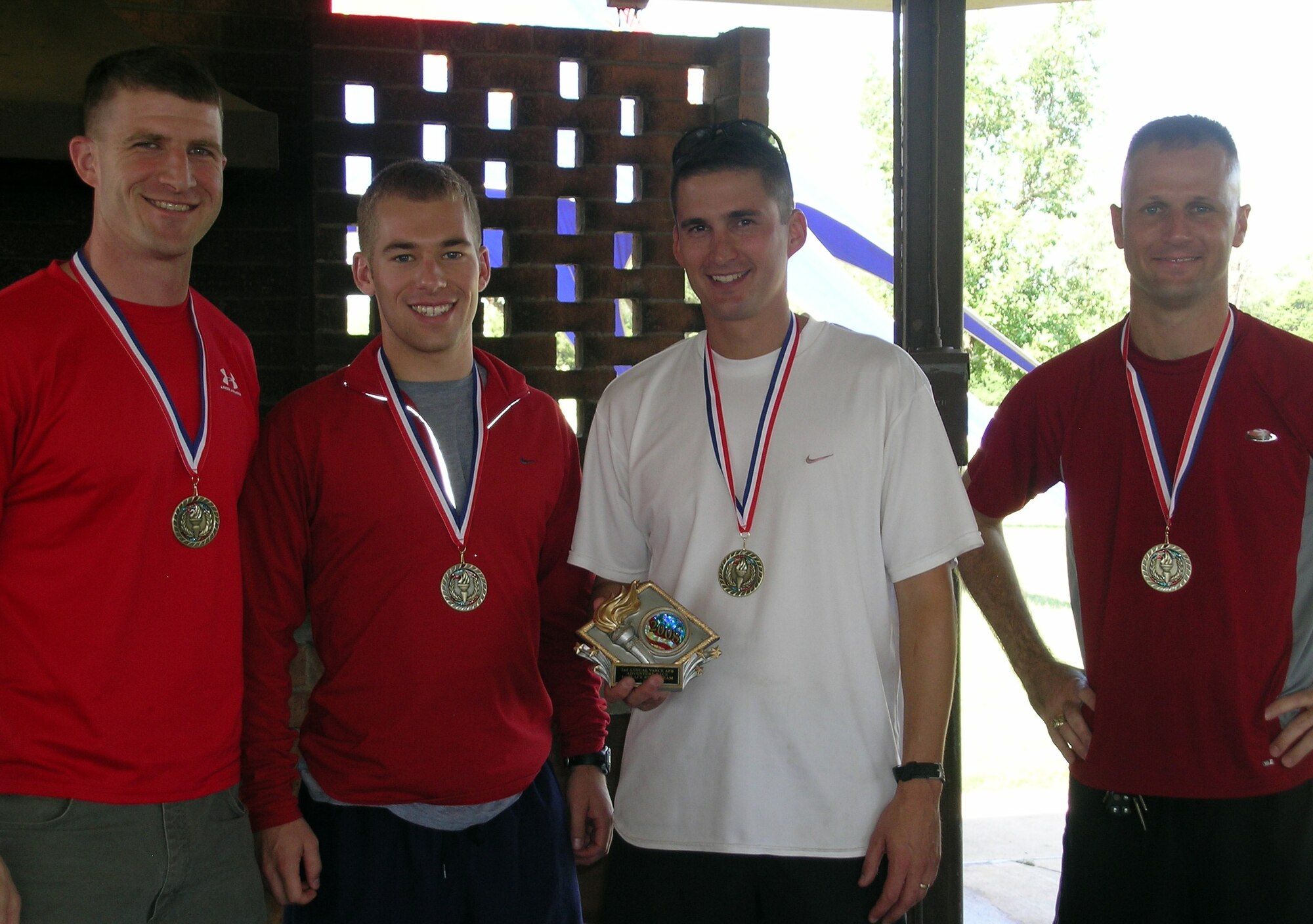 The Relay Teams’ first place winners, “War Birds,” clocked an overall time of 1:37:10 for the four-mile run, two-mile raft paddle and 12-mile bicycle ride during the Vance AFB 2008 Adventure Race, Sept. 20. The War Birds are from left: Capt. Nathan Thompson, 2nd Lt. Zach Thuli, Lt. Col. Brian Gienapp and Maj. Randy Schmedthorst. (U.S. Air Force photo by Sarah Putnam)
