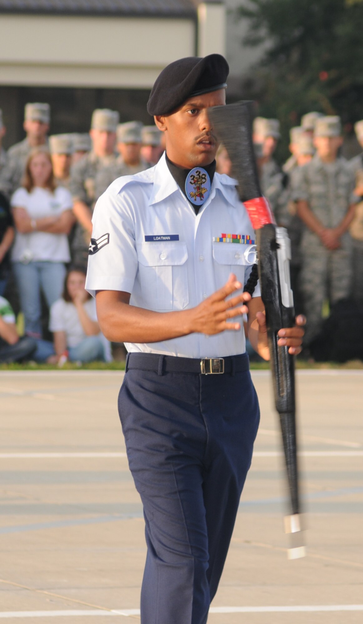 Airman 1st Class Joshua Loatman serves as drill master for the Dark Knights.  (U.S. Air Force photo by Kemberly Groue)