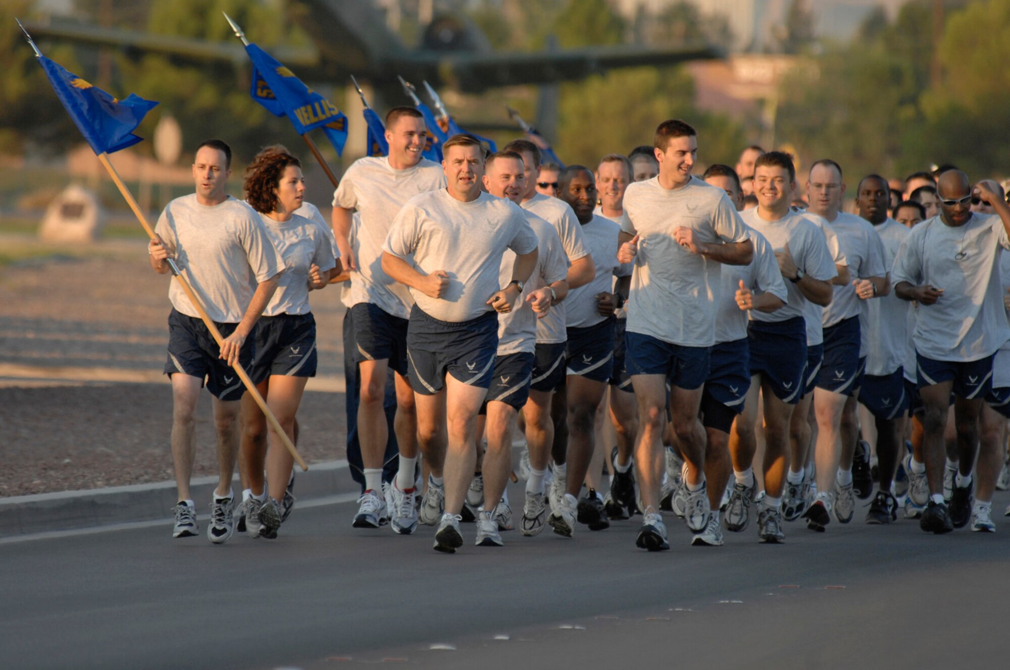 Brig. Gen. Stephen Hoog, United States Air Force Warfare Center commander, leads approximately 1500 airmen in a 1.5 mile run around Freedom Park and surrounding areas, Nellis Air Force Base, Nev., Sept. 15, 2008. The 1.5 mile run kicked off Air Force Heritage week in honor of the Air Force's 61st birthday and put a spot light on Air Force tradition, heritage, and success.  

(U.S. Air Force Photo by Airman 1st Class Stephanie Rubi)