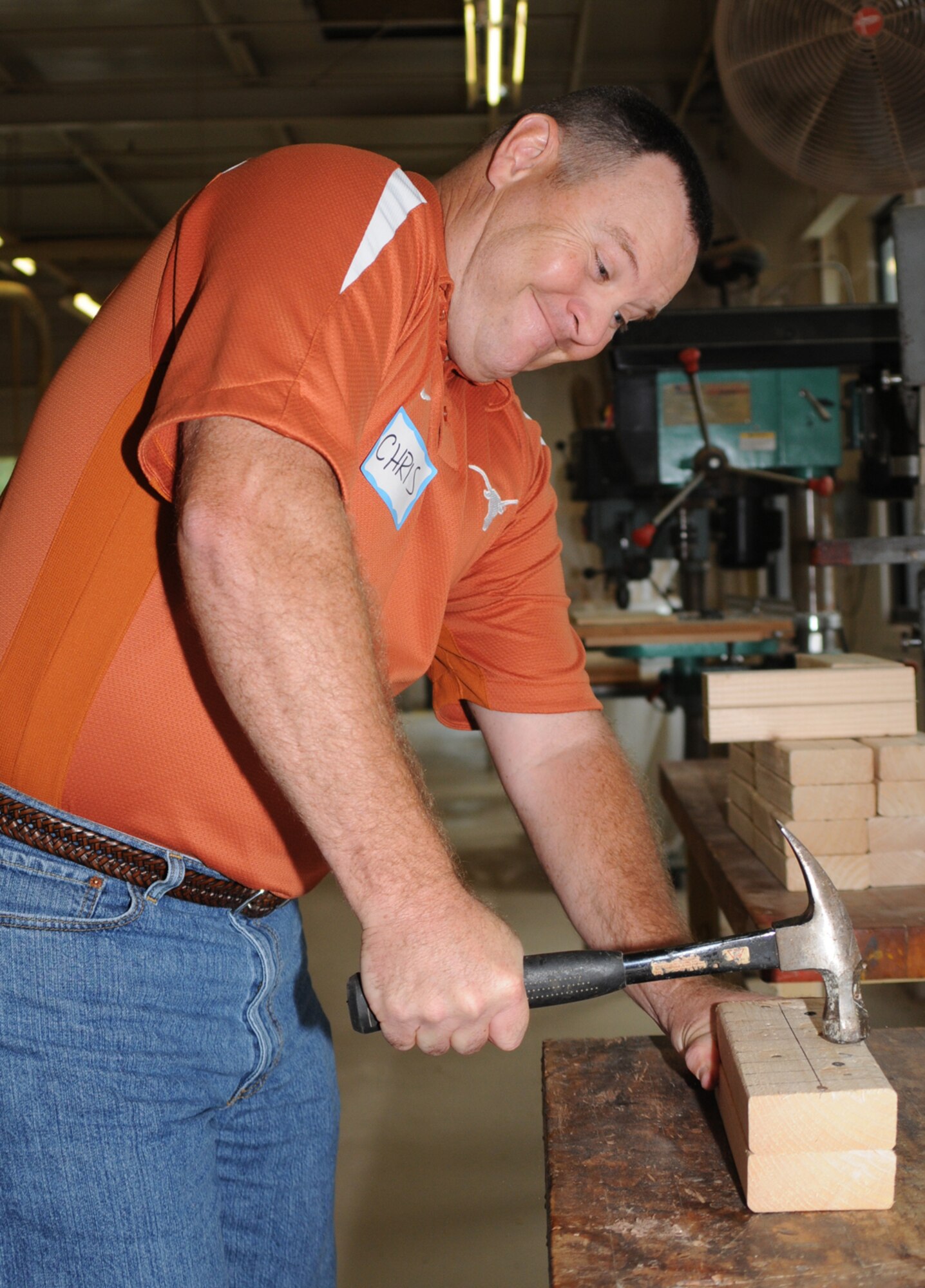 Lt. Col. Chris Wegner, 81st Contracting Squad-ron commander, works on a project in the wood shop.  (U.S. Air Force photo by Kemberly Groue)