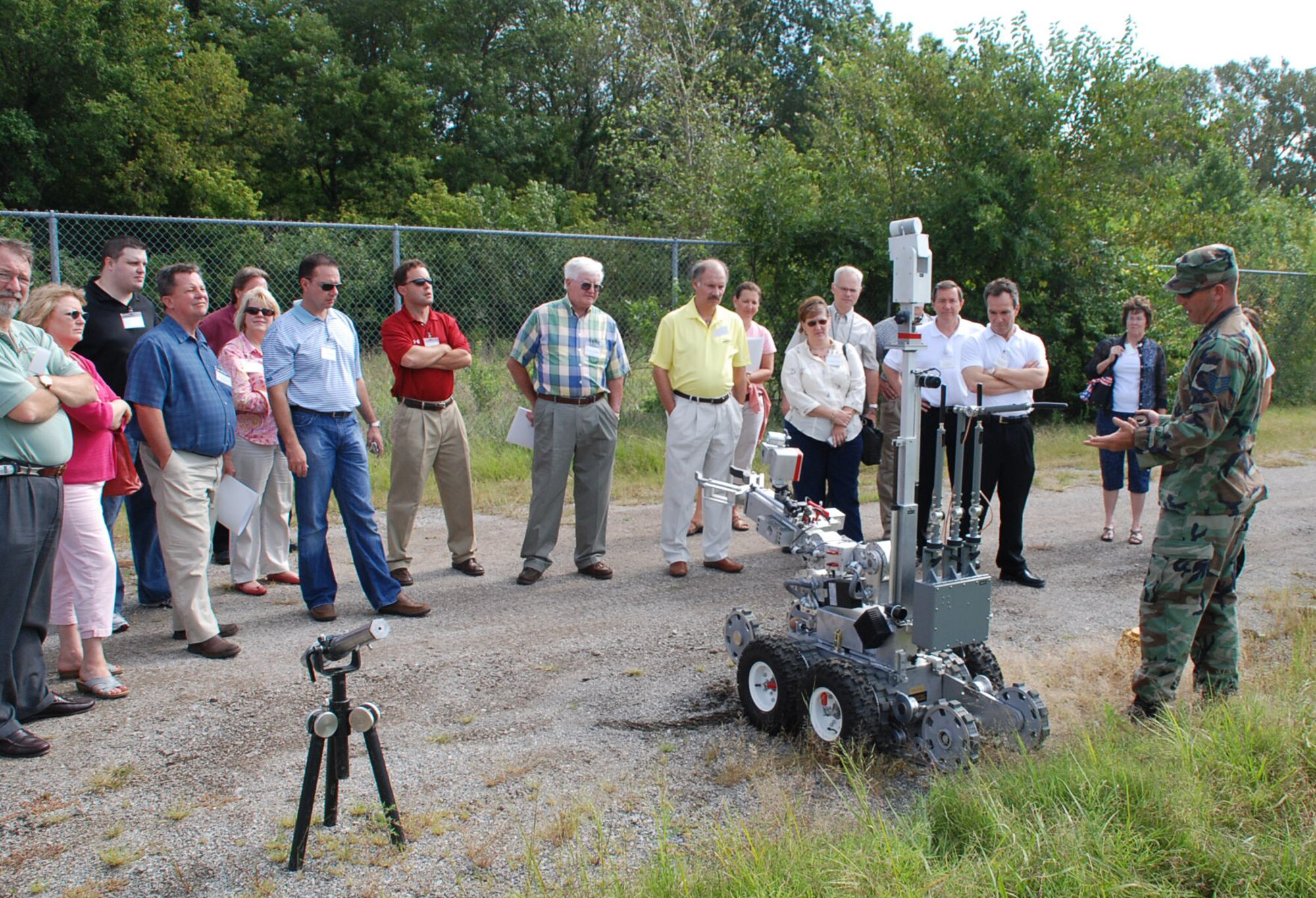 Robotics in the Air Force Reserve in Illinois? Yes, the 932nd Airlift Wing gave civilian employers of 932nd Airlift Wing Reservists a chance to see military life behind the scenes and see the bomb disposal robot in action. The explosive ordnance disposal team set up a demonstration for the visitors. The commander and staff members gave detailed briefings.  Photo/Tech Sgt. Daniel Oliver 