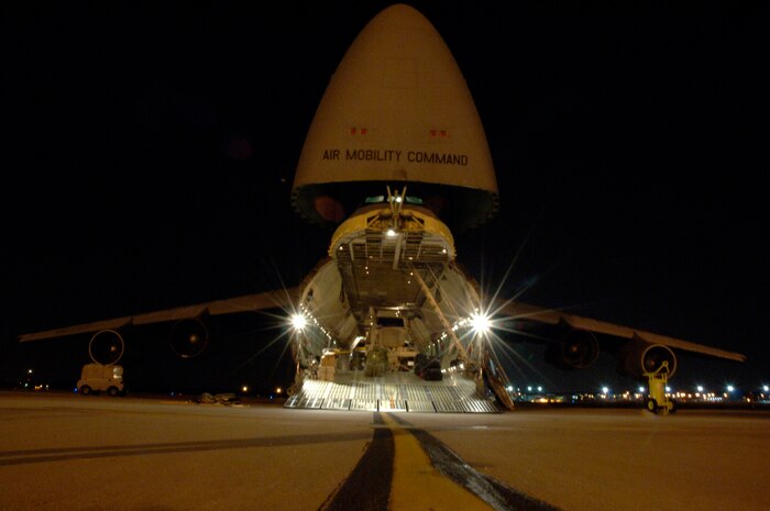 Airmen load a mine-resistant ambush-protected vehicle onto a C-5 Galaxy Aug. 16, 2007, at Charleston Air Force Base, S.C. The C-5 is assigned to the 436th Airlift Wing Dover AFB, Del. (U.S. Air Force photo/Staff Sgt. April Quintanilla) 