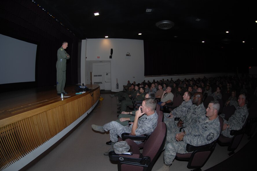 MINOT AIR FORCE BASE, N.D. -- Col.  Joel Westa, 5th Bomb Wing commander, addresses Airmen who are preparing to deploy to Andersen AFB, Guam, at the base theater here Sept. 19.  During the upcoming five-month deployment, almost 300 Airmen and more than five B-52H Stratofortresses will provide U.S. Pacific Command with a continuous bomber presence in the Asia-Pacific region. (U.S. Air Force photo by Tech. Sgt. Lee Osberry)
