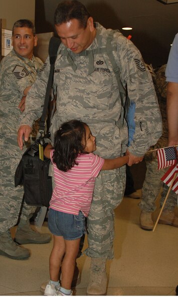 After six months in Afghanistan, member of the 433rd Civil Engineer Squadron returned home on Sept 22, 2008. Family and friends met them at San Antonio Airport with banners, cheers and even a few happy tears were shed during the reunion. The Alamo Wing engineers spent their deployment building and repairing structures at Bagram Airfield and several forward operating locations. They installed air conditioning units for Soldiers, brought older buildings up to U.S. Military construction codes and built brand new facilities. The group joined up with members of the Niagara Falls Air Force Reserve unit to create the first Prime BEEF, or Prime Base Emergency Engineer Force, team to operate in the country in almost two years.  (U.S. Air Force Photo/Master Sgt. Daniel Nathaniel)
