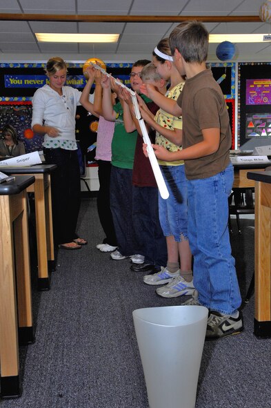MINOT AIR FORCE BASE, N.D. -- STARBASE students participate in a team-work exercise at North Plains Elementary School here recently as part of the year-long program. Team-building exercises are just one of many activities the students participate in under the Department of Defense-funded initiative. This marks the first year STARBASE is implemented here. (U.S. Air Force photo by Airman 1st Class Benjamin Stratton)