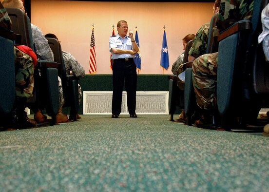 ANDERSEN AIR FORCE BASE, Guam - Brigadier Gen. Phil Ruhlman, 36th Wing commander, speaks to Team Andersen Airmen Sept. 24 at his first commander’s call since he assumed command Sept. 2. Gen. Ruhlman spoke about the expectations he has for the Airmen and his plans for the future of the wing. Gen. Ruhlman also answered any questions the Airmen had about the Air Force and the base. (U.S. Air Force photo by Airman 1st Class Nichelle Griffiths)  