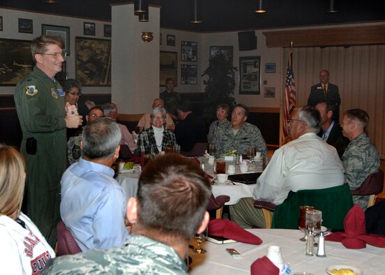 FAIRCHILD AIR FORCE BASE, Wash. – Col. Robert Thomas stands to introduce himself as the new 92nd Air Refueling Wing commander at the armed forces committee luncheon at Club Fairchild Sept. 23. An assortment of business leaders, volunteers and military leaders gather once a year at Fairchild to become acquainted and brief their individual missions. (U.S. Air force photo / Airman 1st Class Melissa Barnett)