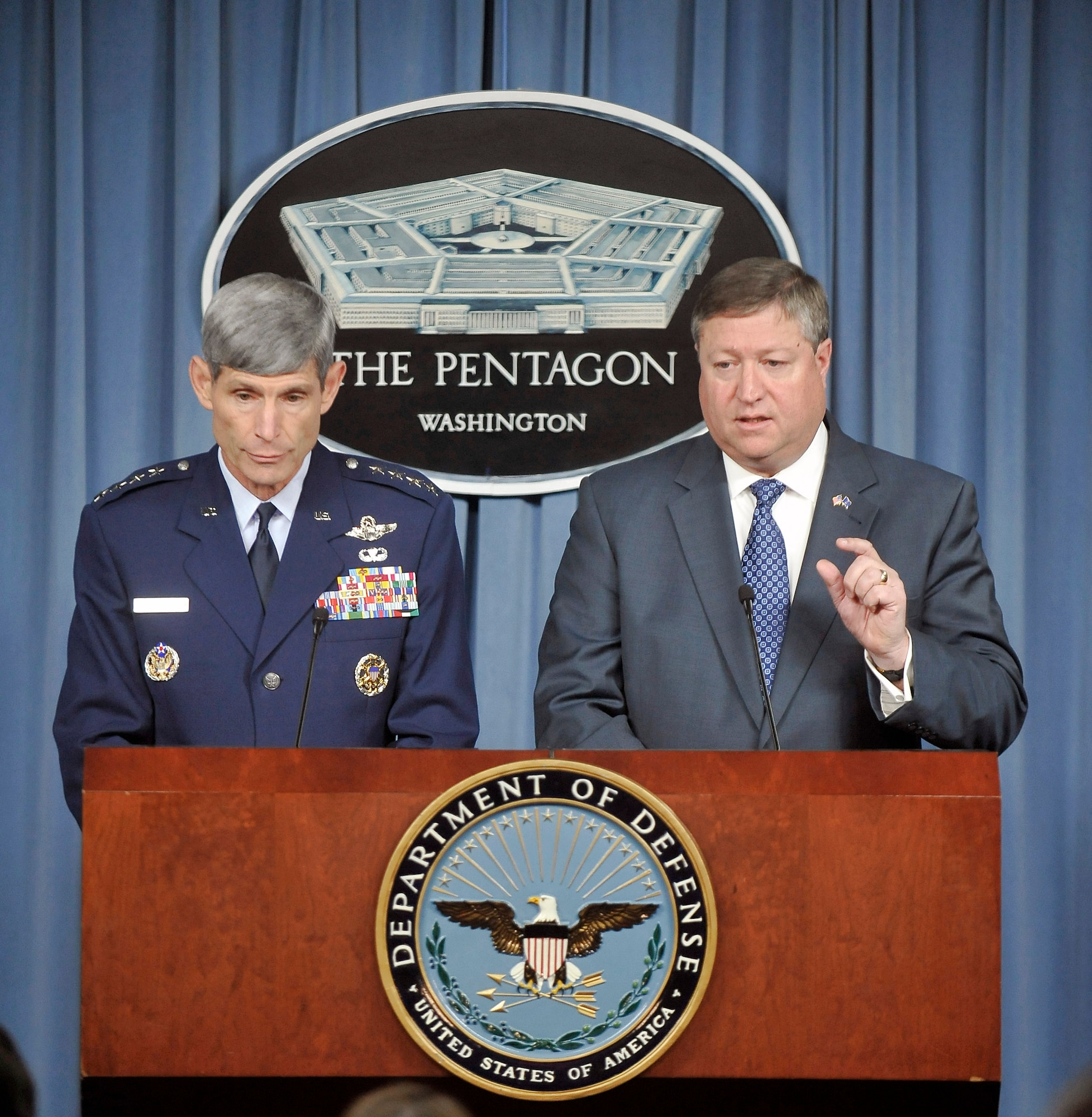 Acting Secretary of the Air Force Michael B. Donley and Air Force Chief of Staff Gen. Norton A. Schwartz speak to members of the press on matters of accountability with regard to nuclear assurance from the Pentagon Sept. 25. The press conference outlined actions taken by the Air Force in response to the Donald Report. (U.S. Air Force photo/Scott M. Ash)   