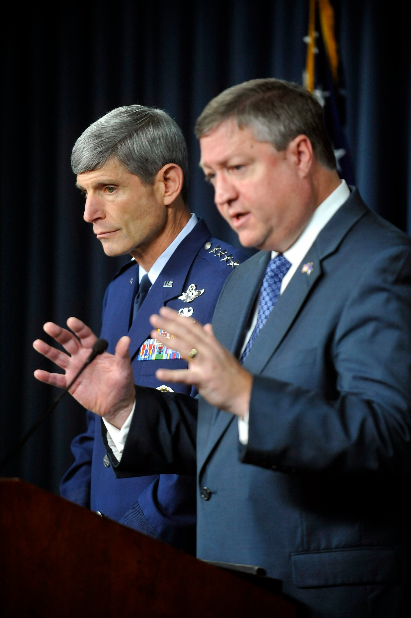 Acting Secretary of the Air Force Michael B. Donley and Air Force Chief of Staff Gen. Norton A. Schwartz speak to members of the press on matters of accountability with regard to nuclear assurance from the Pentagon Sept. 25. The press conference outlined actions taken by the Air Force in response to the Donald Report. (U.S. Air Force photo/Scott M. Ash)   