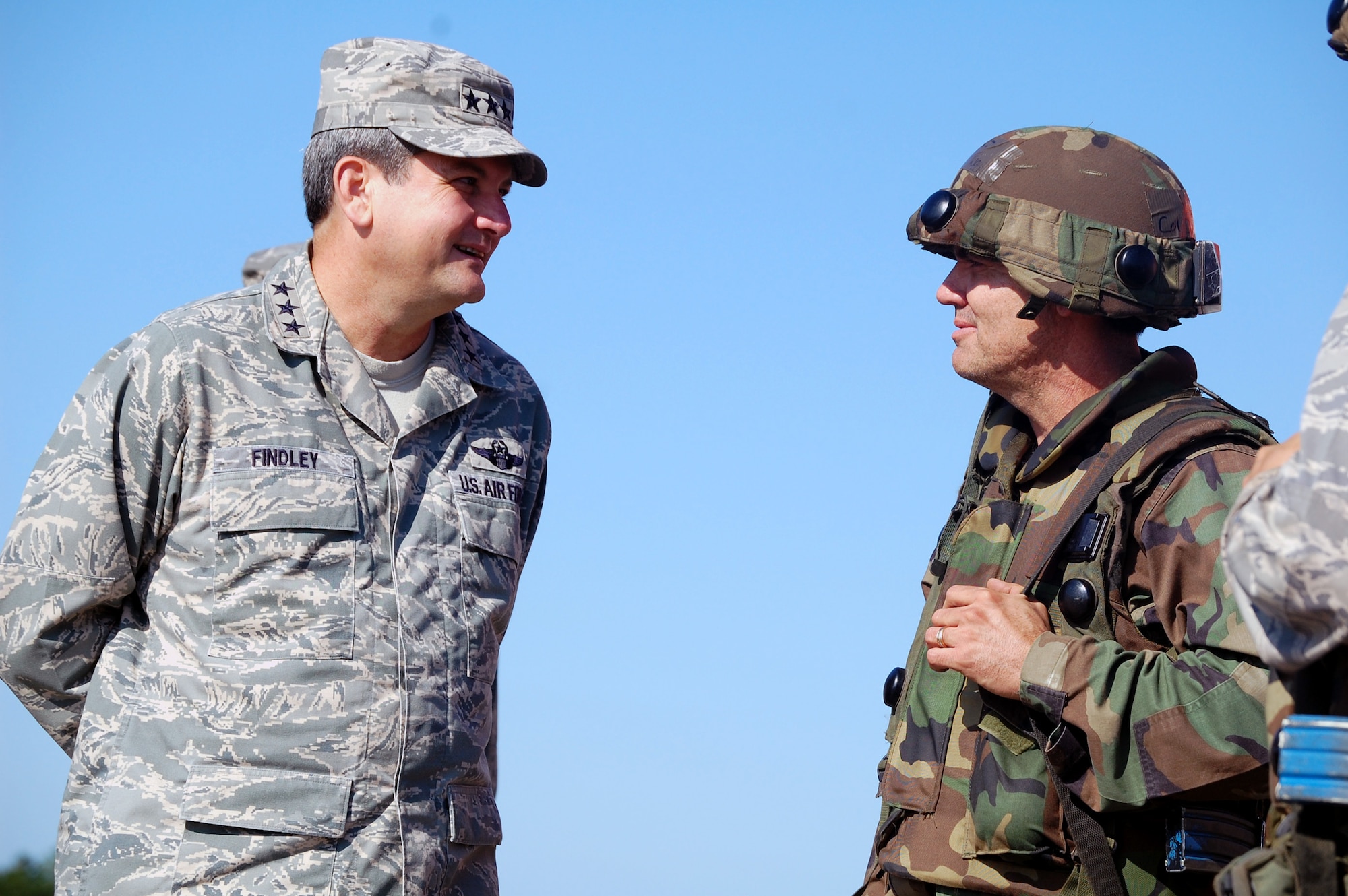 Lt. Gen. Vern "Rusty" Findley, Air Mobility Command vice commander, meets with Col. Darrell Riggs, 95th Mission Support Group commander from Edwards Air Force Base, Calif., during a tour of Air Force Exercise Eagle Flag 08-6 Sept. 23, 2008, at Naval Air Engineering Station Lakehurst, N.J.  General Findley visited McGuire Air Force Base, N.J., and the U.S. Air Force Expeditionary Center on Fort Dix, N.J., to learn more about expeditionary training and operations in both areas.  (U.S. Air Force Photo/Tech. Sgt. Scott T. Sturkol)
