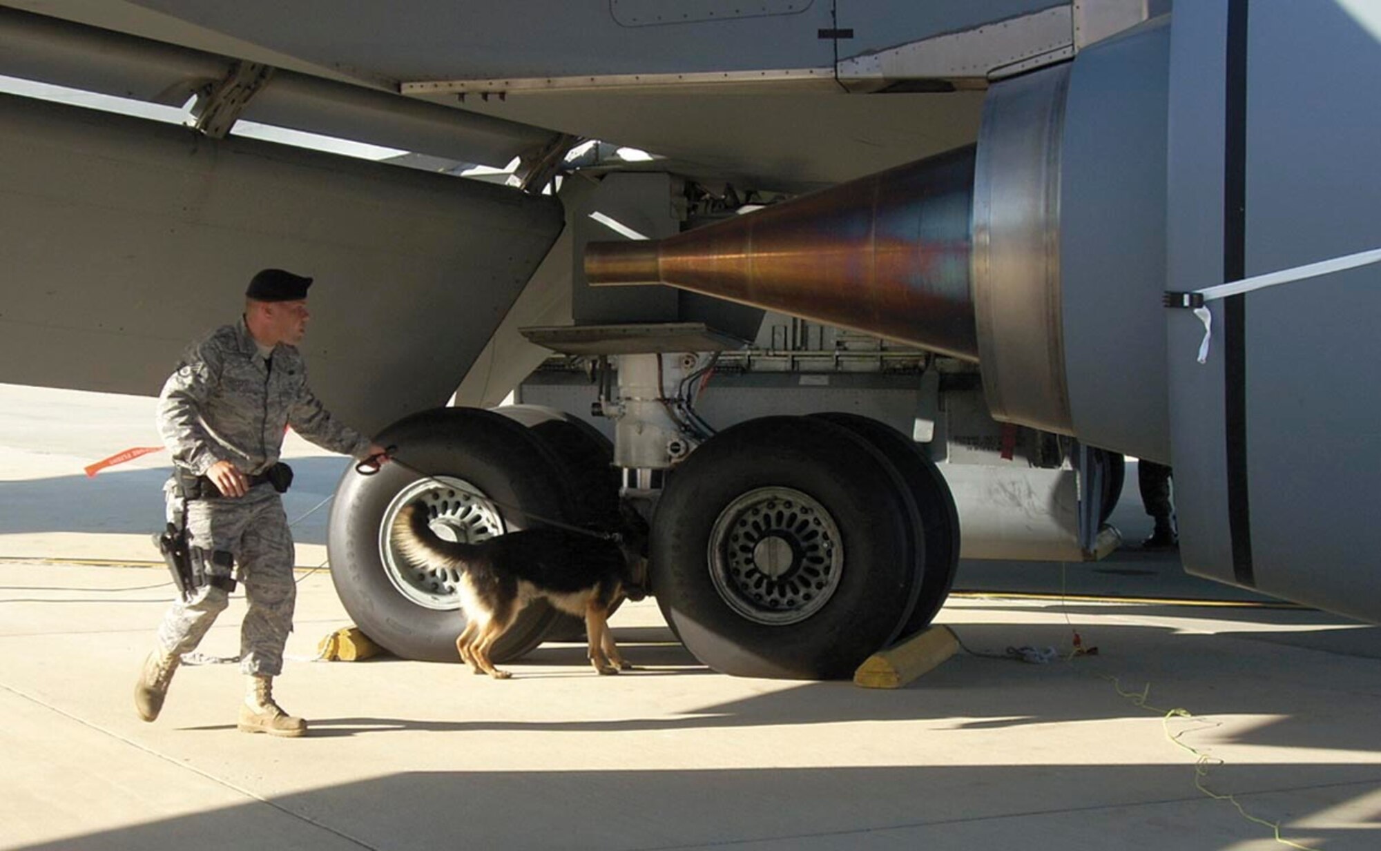 Staff Sgt. Zack Goodfield, 316th Security Forces Squadron, and military working dog Teo inspect the landing gear of a KC-135 during the 459th's Nuclear Operational Readiness Inspection held Sept. 19-21. (USAF courtesy photo)