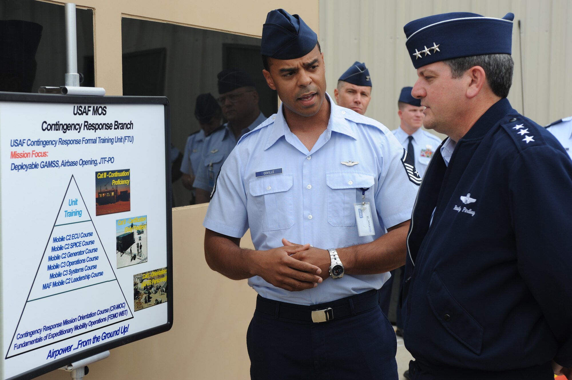 Master Sgt. Troy Coville, from the U.S. Air Force Expeditionary Center's Mobility Operations School Contingency Response Branch, shows Lt. Gen. Vern "Rusty" Findley, Air Mobility Command vice commander, some of the new equipment used for training during a tour of the USAF EC for General Findley Sept. 22, 2008, on Fort Dix, N.J.  General Findley visited the USAF EC for two days to learn about the unit's mission and capabilities.  (U.S. Air Force Photo/Staff Sgt. Nathan Bevier)