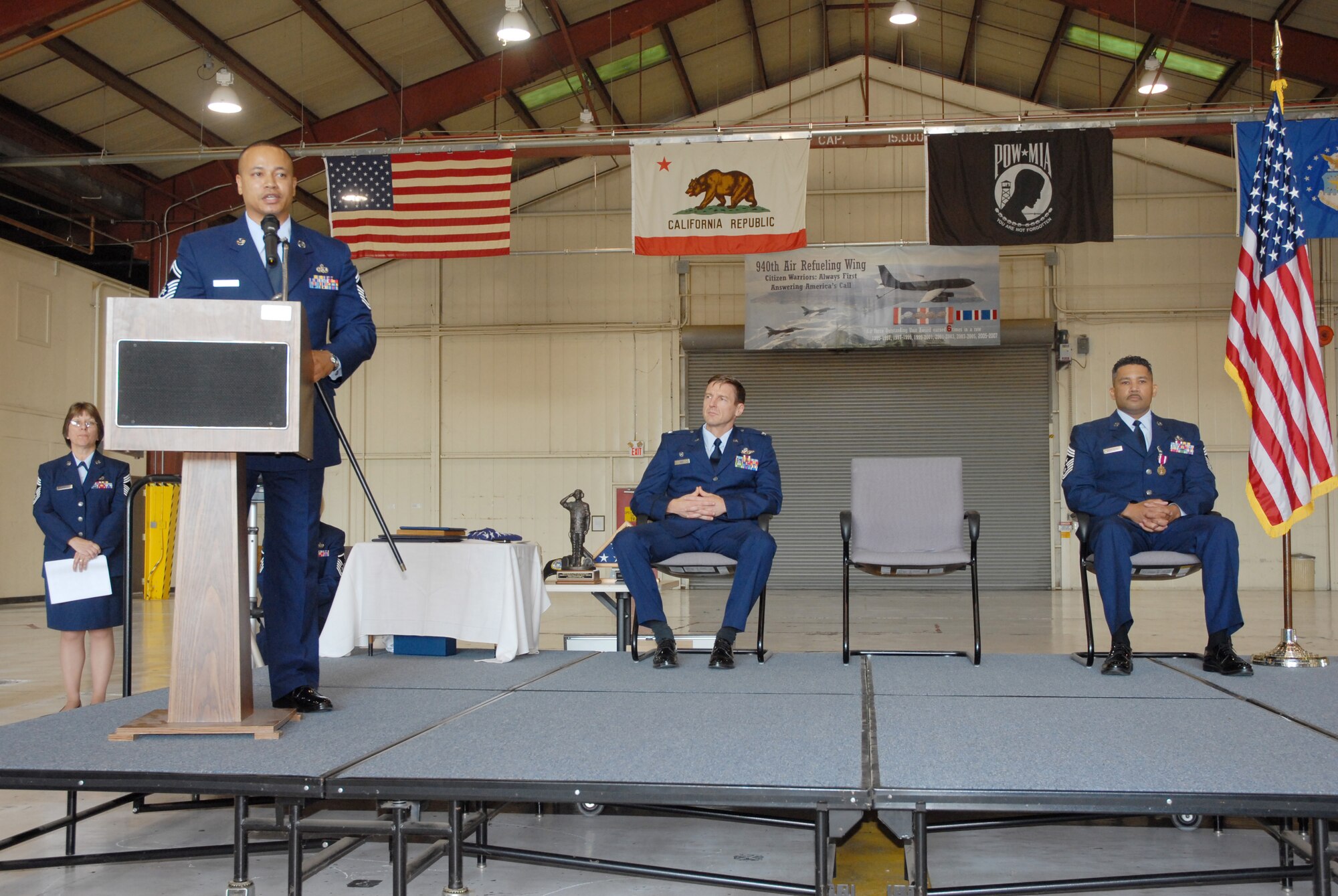 BEALE AIR FORCE BASE, Calif. -- Air Force Reservist, Command Chief Jason B. Henderson delivers his first speech as the new 940th Air Refueling Wing Command Chief during the retirement ceremony for his predecessor, Command Chief Hilton "Anthony" Armstrong Sept. 14, 2008. (U.S. Air Force Photo/ Staff Sgt Luke Johnson)