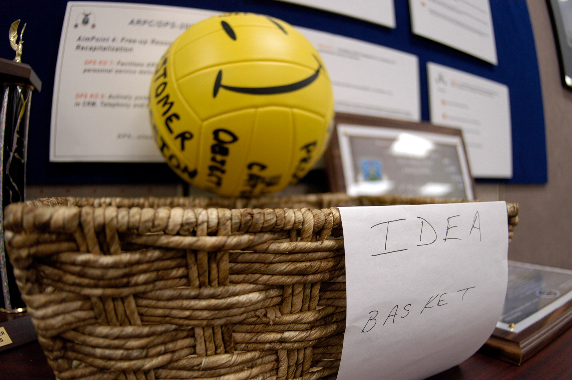 The "Idea Basket" allows employees a chance to offer suggestions or ideas to ARPC leaders through the directorate of personnel sevices' "Wilson" consulting group. The group is made up of nine DPS employees, two civilian and seven junior enlisted Airmen. The group "empowers" employees by giving them another voice to offer their ideas and make improvements to the workplace, said Dave Aldrich, DPS director. (U.S. Air Force photo/Mike Molina)