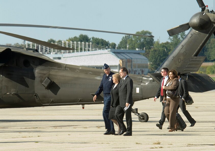 HANSCOM AFB, Mass. – Brig. Gen. Terry Feehan (left), Electronic Systems Center, vice commander, greets the president of Chile, Michelle Bachelet (center) on the Hanscom flightline, Sept. 23. The Chilean President arrived at Hanscom en route to speaking engagements in the local area. (U.S. Air Force photo by Rick Berry)