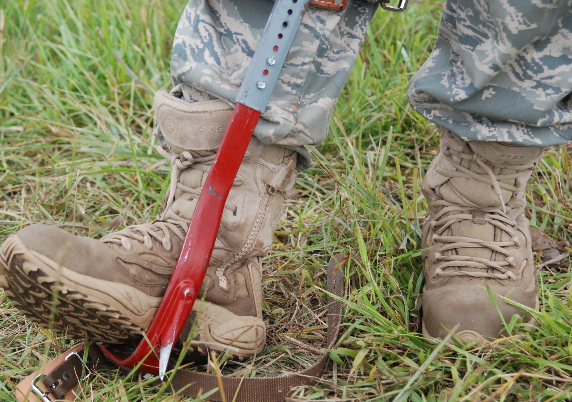 MCCONNELL AIR FORCE BASE, Kan. -- A lineman boot was the standard utility tool that allowed Airmen to climb the old wooden antenna poles, but the condition of the poles made maintenance dangerous and obsolete. (photo by Airman 1st Class Jessica Lockoski)