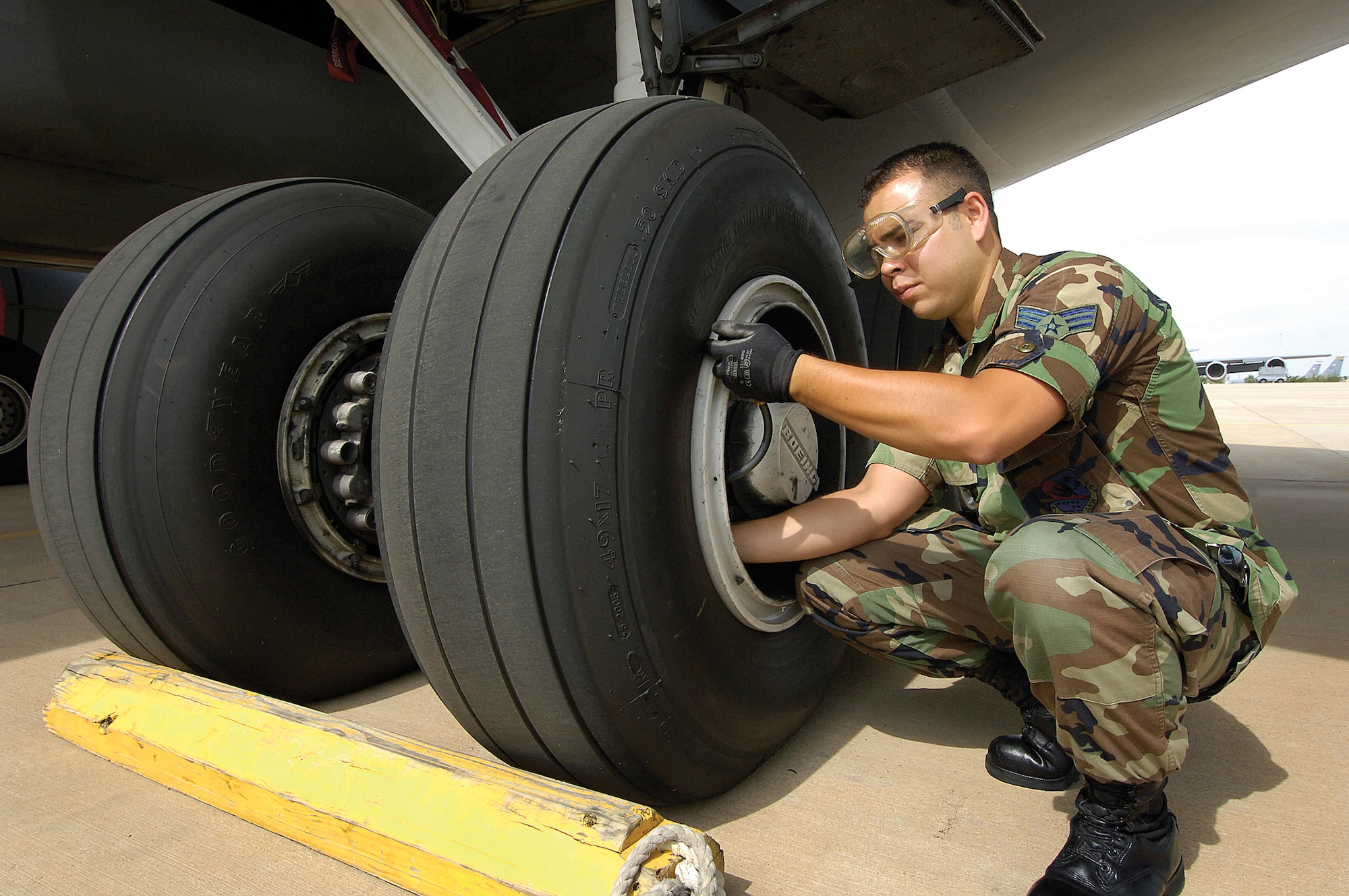 Senior Airman John Way, a crew chief with the 507th Maintenance Squadron says that crew chiefs are like a pit crew for NASCAR. They park and refuel the planes, change the tires, check the hydraulic fluids. He says his heart races whenever an aircraft takes off. (Air Force photo/Margo Wright)
