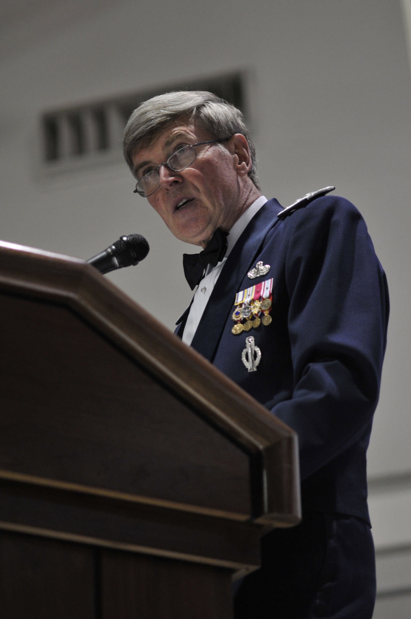 Maj. Gen. (Ret.) Timothy McMahon, former 341st Missile Wing commander and guest speaker for the Air Force Ball, speaks after dinner at the Air Force Ball Sept. 20 in the 3-bay hangar. More than 500 people attended the ball. (U.S. Air Force photo/John Turner)