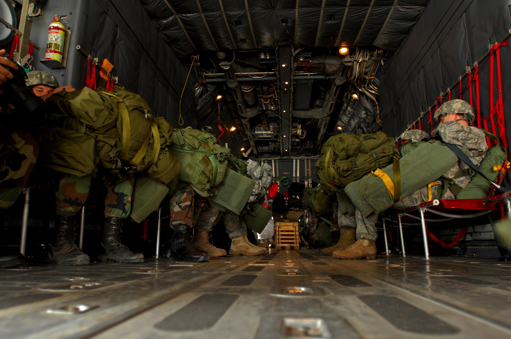 United States Air Force members from the 786th Security Forces Squadron fly to a drop zone over Southwestern Germany for an airborne jump exercise,  Sept. 24, 2008, in preparation for an up-coming mission in Bitburg. (U.S. Air Force photo by Airman 1st Class Kenny Holston)(Released)