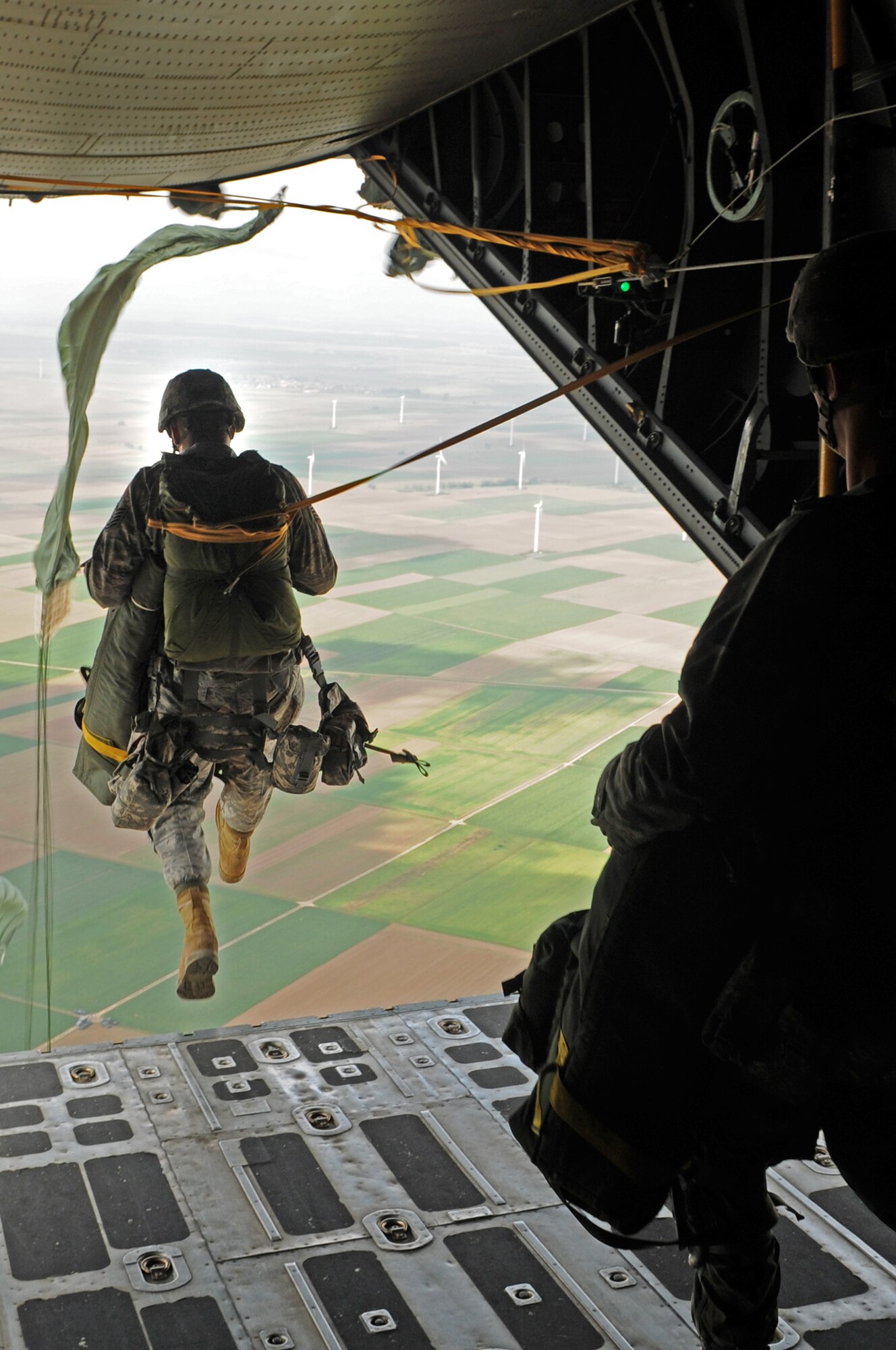 United States Air Force members from the 786th Security Forces Squadron execute an airborne jump exercise over Southwestern Germany on Sept. 24, 2008 in preparation for an up-coming mission in Bitburg. (U.S. Air Force photo by Airman 1st Class Grovert Fuentes)(Released)