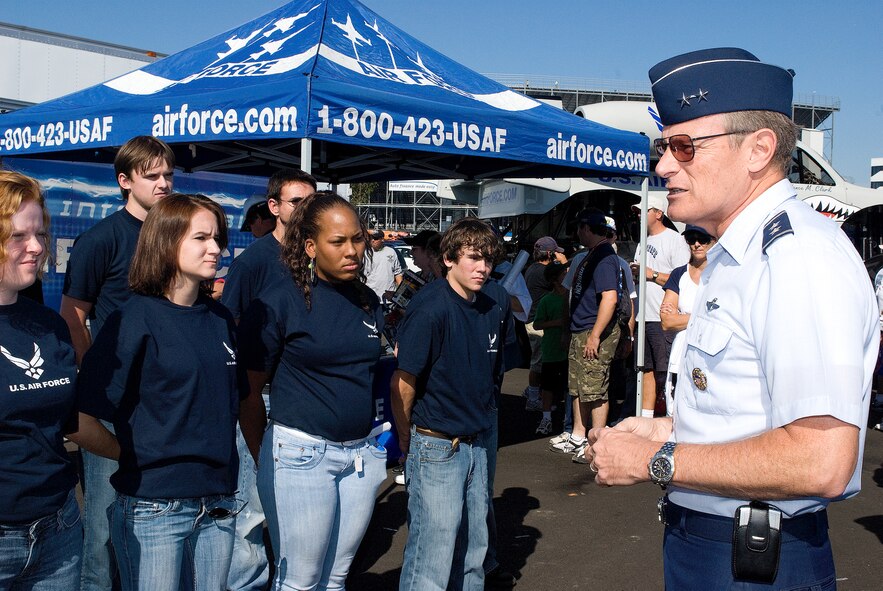 DOVER, Del. -- Maj. Gen. Irving Halter Jr., vice director, Operations, Joint Staff, the Pentagon, Washington, D.C., meets a flight of Airmen who joined the Delaware National Guard delayed enlistment program Sunday before Dover-s second NASCAR race of the year at the Monster Mile. Delayed enlistment, often called 'DEP,' is a tool used by recruiters to integrate future servicemembers before they go to basic training. (U.S. Air Force photo/Roland Balik) 