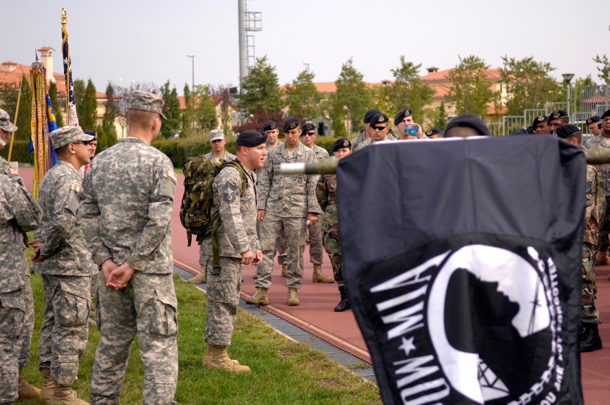 Chief Master Sgt. Mike Yoakum of the 12th Security Forces Squadron adresses a crowd of more than 170 military members before heading out on a "ruck sack" march around the base in honor of National POW/MIA Recognition Day. (U.S. Air Force photo/Senior Airman Michael Dorus)