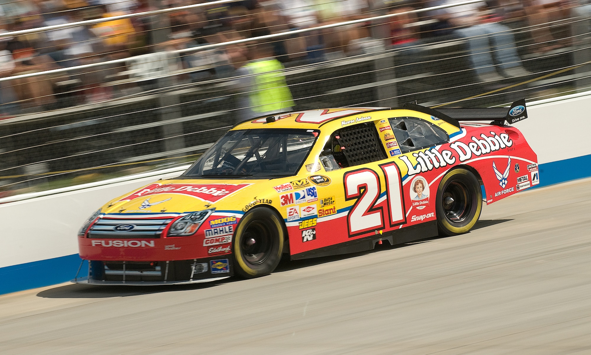 DOVER, Del. -- Marcos Ambrose, driver of the No. 21 Air Force car, speeds around the Monster Mile Sunday during Dover's second NASCAR race of the year. Mr. Ambrose finished 32nd overall on Sunday. (U.S. Air Force photo/Jason Minto) 