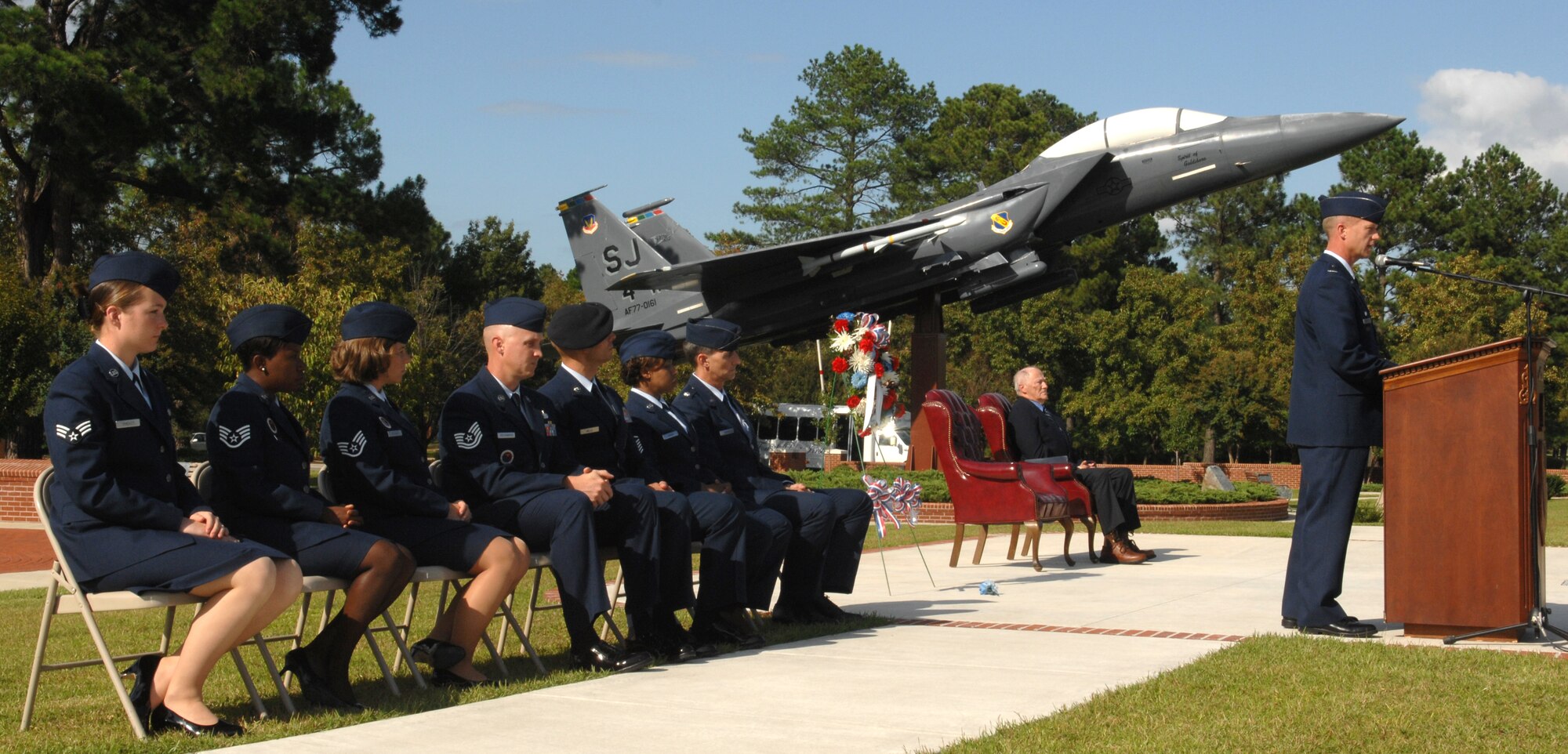 Colonel Mark D. Kelly 4th Fighter Wing commander, explains the importance of remembering servicemembers who are prisoners of war and missing in action during the POW/MIA ceremony here Sep.19. The ceremony included a 12 hour vigil in Heritage Park, playing of taps, and a speech from Dr. Fredrick Kiley, co-author of Honor Bound, a Pulitzer Prize nominated book about prisoners of war in Southeast Asia. (U.S. Air Force photo by Airman 1st Class Rae Henline)
