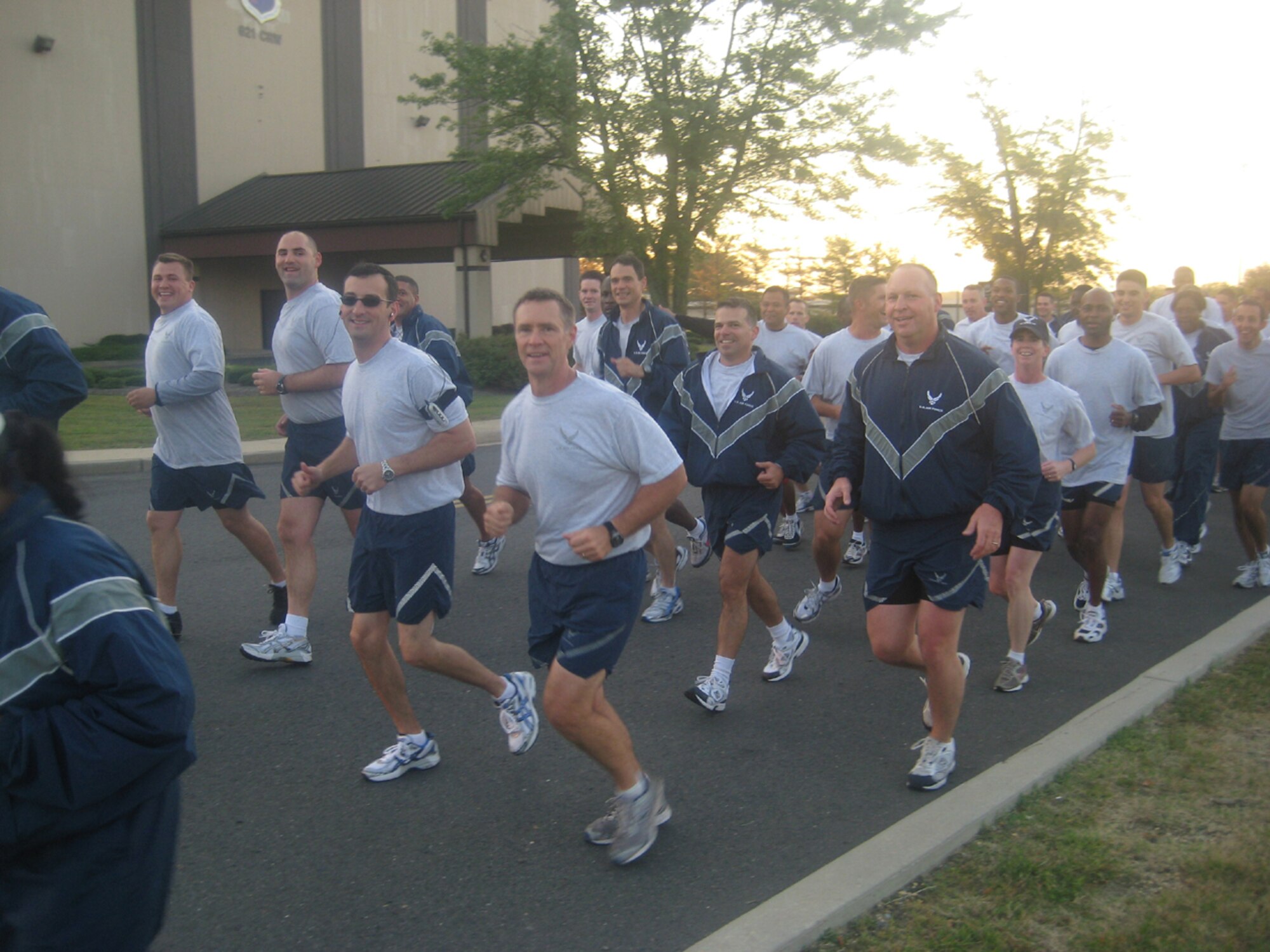 Airmen from the 621st Contingency Response Wing take part in the McGuire Air Force Base Warrior Run, Sept 24. The day started off with the run at 7 a.m. followed by several other events, including basketball, walleyball and a bench-press competition. (U.S. Air Force photo/1Lt Dustin Doyle)
