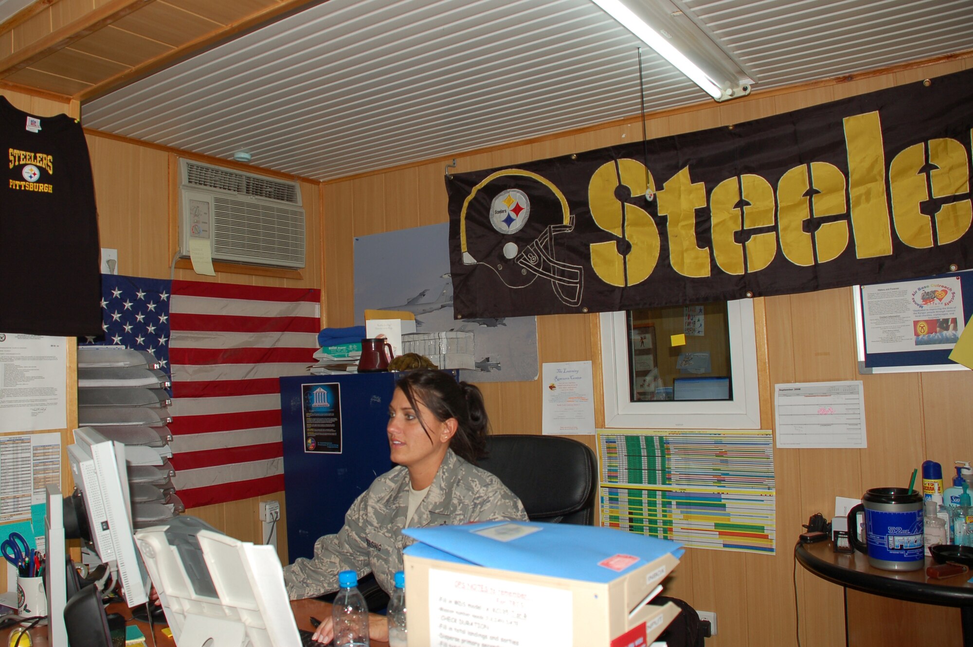 MANAS AIR BASE, KYRGYZ REPUBLIC -- Tech. Sgt. Michele Mersing, 22nd Expeditionary Air Refueling Squadron Host Aircraft Resource Manager, reviews flying records Sept. 9, to ensure aircrew are compliant with training and flight safety requirements. Sergeant Mersing is deployed here with 120 other Guardsmen from the Pennsylvania Air National Guard's 171st Air Refueling Wing. The Pittsburgh unit is supporting the base’s 376th Air Expeditionary Wing, which serves as the premier air mobility and refueling hub for military operations in Afghanistan. (Air Force photo / Maj. Damien Pickart)