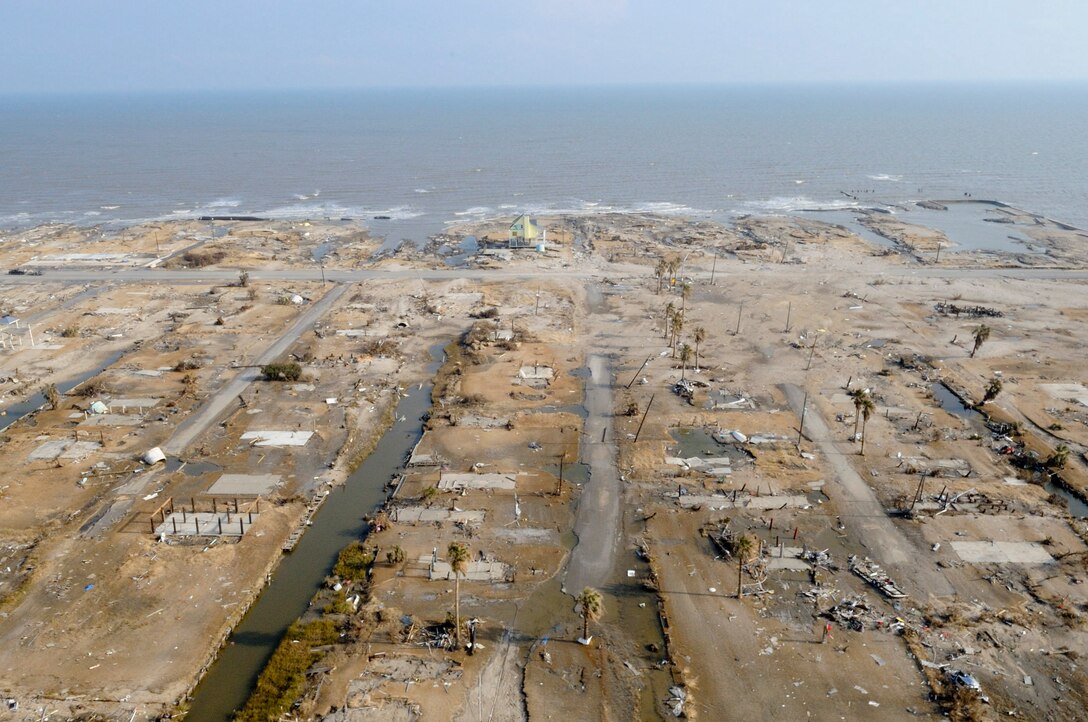 From on board the Army Blackhawk helicopter, the aerial aftermath of Hurricane Ike is evident. Hurricane Ike caused the devastation of Bolivar Island on the Texas coast, where Ike made landfall as a category 2-3 hurricane. Only one house survived this neighborhood amongst hundreds that were completely wiped out due to the storm surge. September 19, 2008 (Air Force photo by SMSgt Elizabeth Gilbert) Cleared