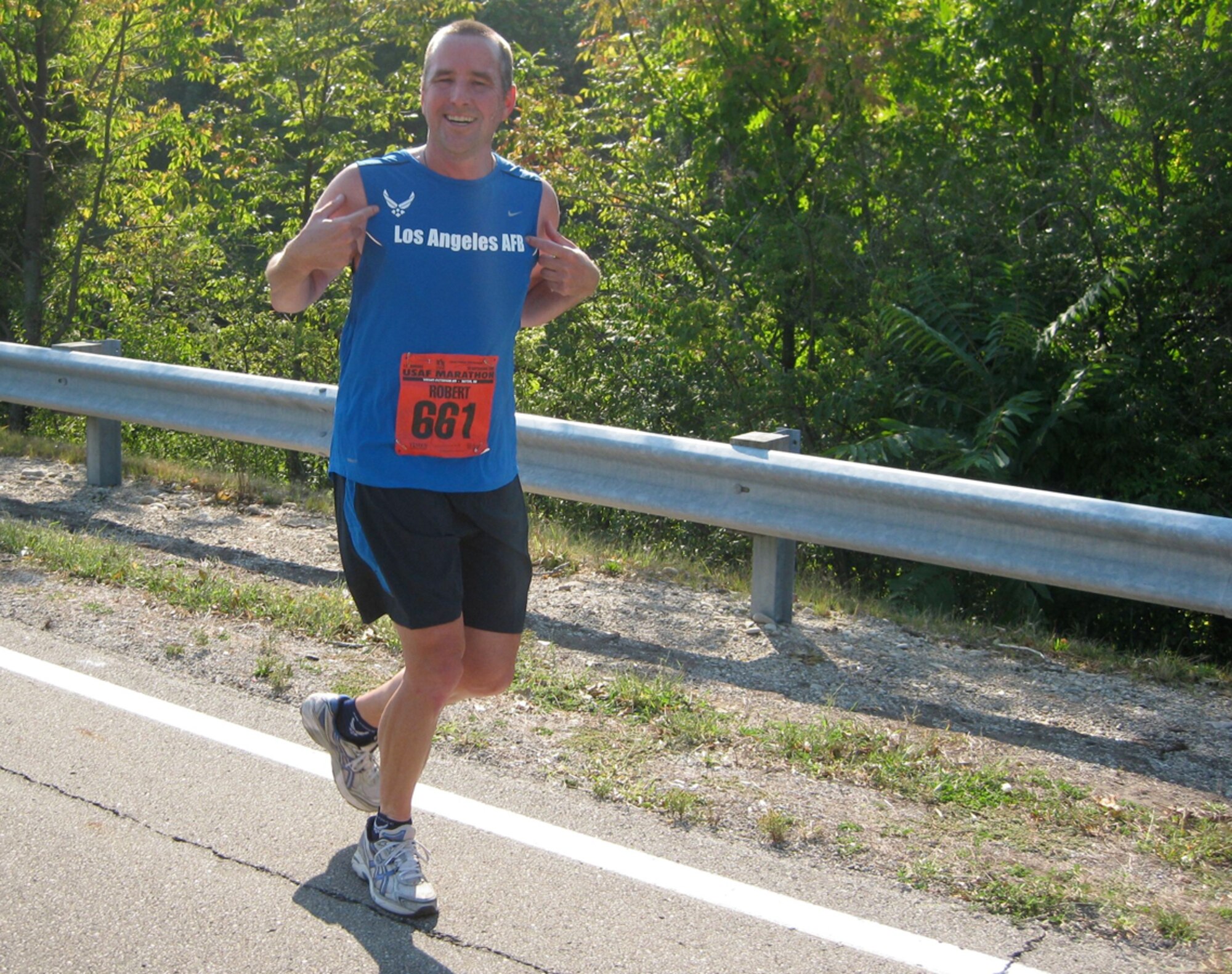Maj. Bob Frank shows his LAAFB Team pride during 12th Annual Air Force Marathon held at Wright-Patterson AFB, Sept. 20. The major finished the race in 3 hours, 36 minutes.