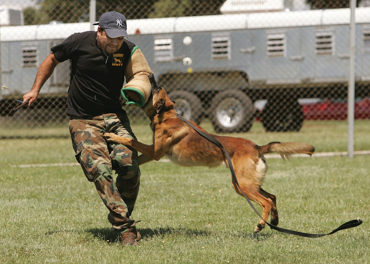 9/5/2008 - Arturo Terrazas, a dog handler with the 341st Training Squadron, and Rrolfe demonstrate some attack tactics Sept. 5. The 341st TRS provides trained military working dogs and handlers for the Department of Defense and other government agencies for security efforts worldwide. (USAF photo by Robbin Cresswell)    
