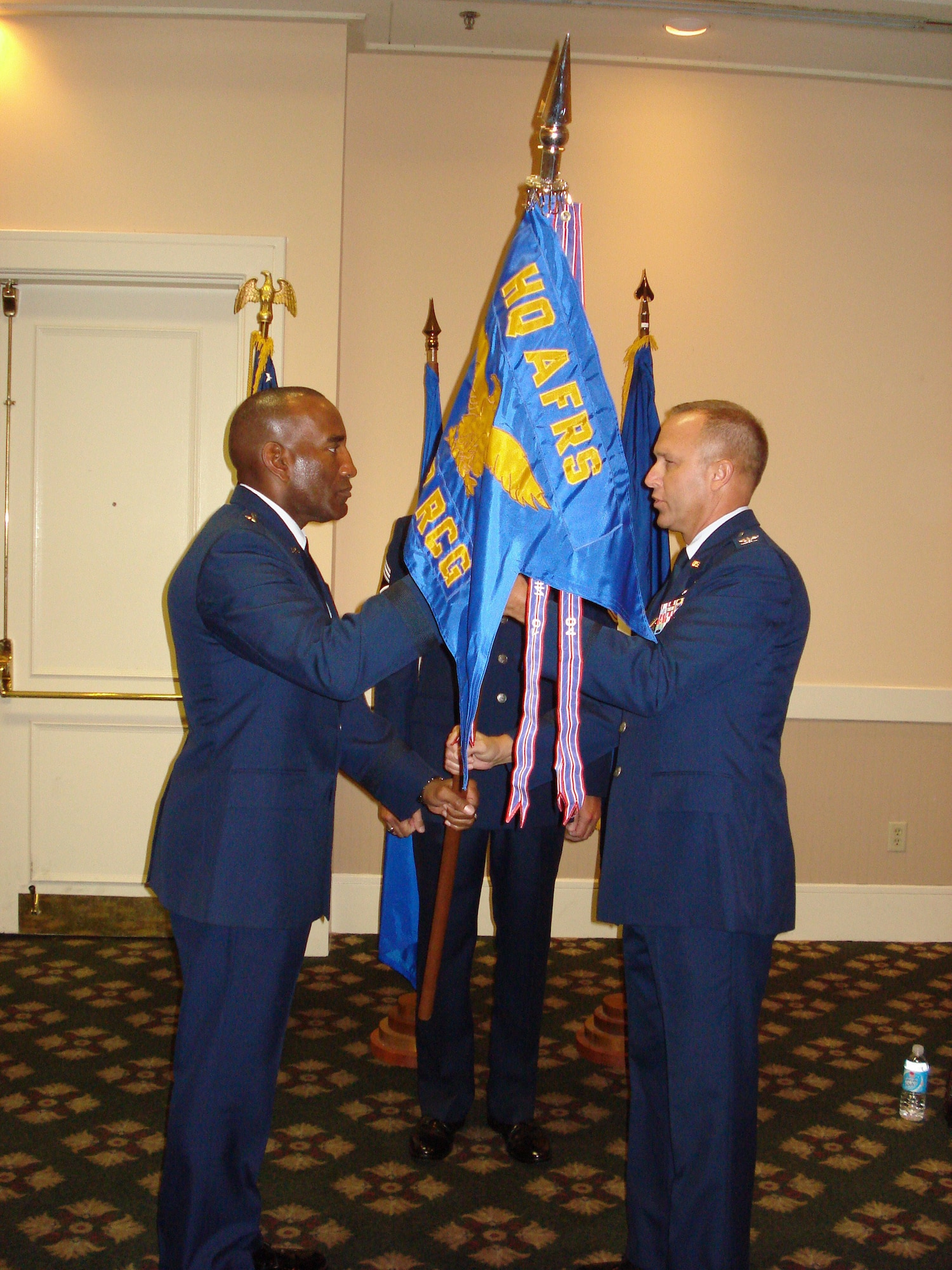 Colonel Michael D. Brice (right) relinquished command of the 367th Recruiting Group to Brigadier General A.J. Stewart (left), Commander, Air Force Recruiting Service Sept. 12. U. S. Air force photo by Tech. Sgt. Laura Stickle