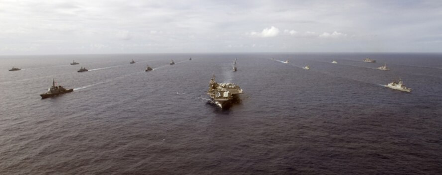 PACIFIC OCEAN (July 29, 2008) Ships and submarines from the United States and six other countries participating in Rim of the Pacific (RIMPAC) 2008 steam in formation off the coast of Hawaii prior to the conclusion of the exercise. RIMPAC is world’s largest multinational exercise and is scheduled biennially by the U.S. Pacific Fleet and takes place in the Hawaiian operating area during 29 June - 31 July 2008.  Participants include Australia, Canada, Chile, Japan, Netherlands, Peru, Republic of Korea, Singapore, United Kingdom and the United States. U.S. Navy photo by Mass Communications Specialist 2nd Class Scott Taylor. (Released)
