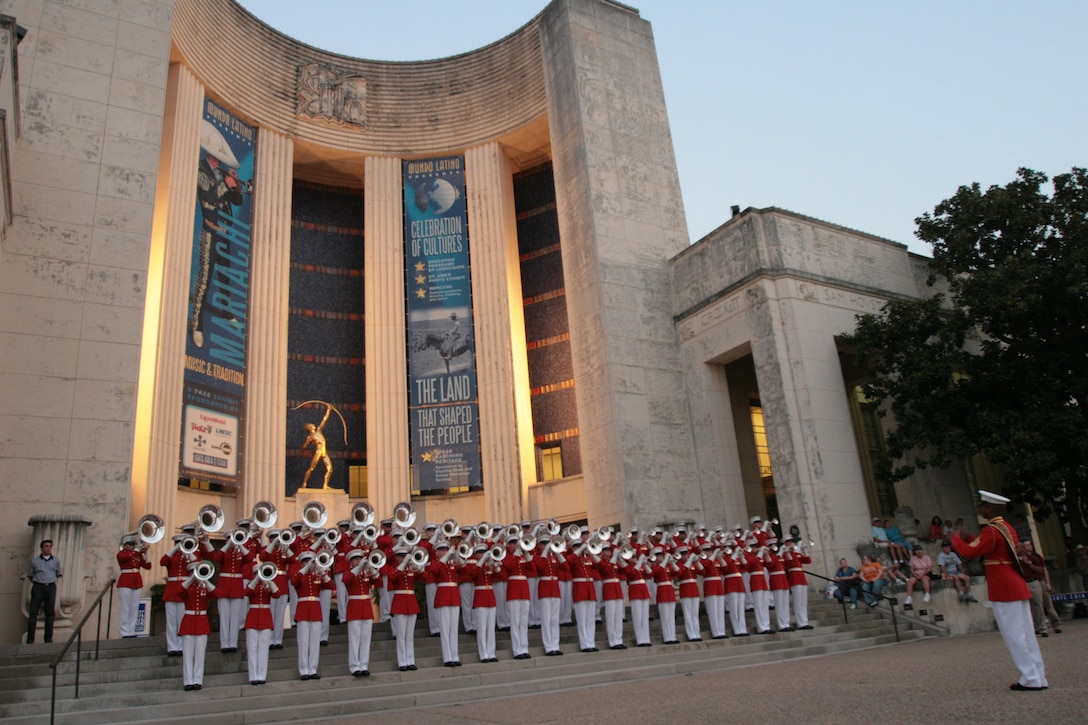 The U.S. Marine Drum and Bugle Corps from Marine Barracks Washington, D.C., performs at the opening ceremony of the State Fair of Texas in Dallas, Sept. 25.  The Drum and Bugle Corps or "The Commandant's Own" has performed at the state fair for more than 40 consecutive years.