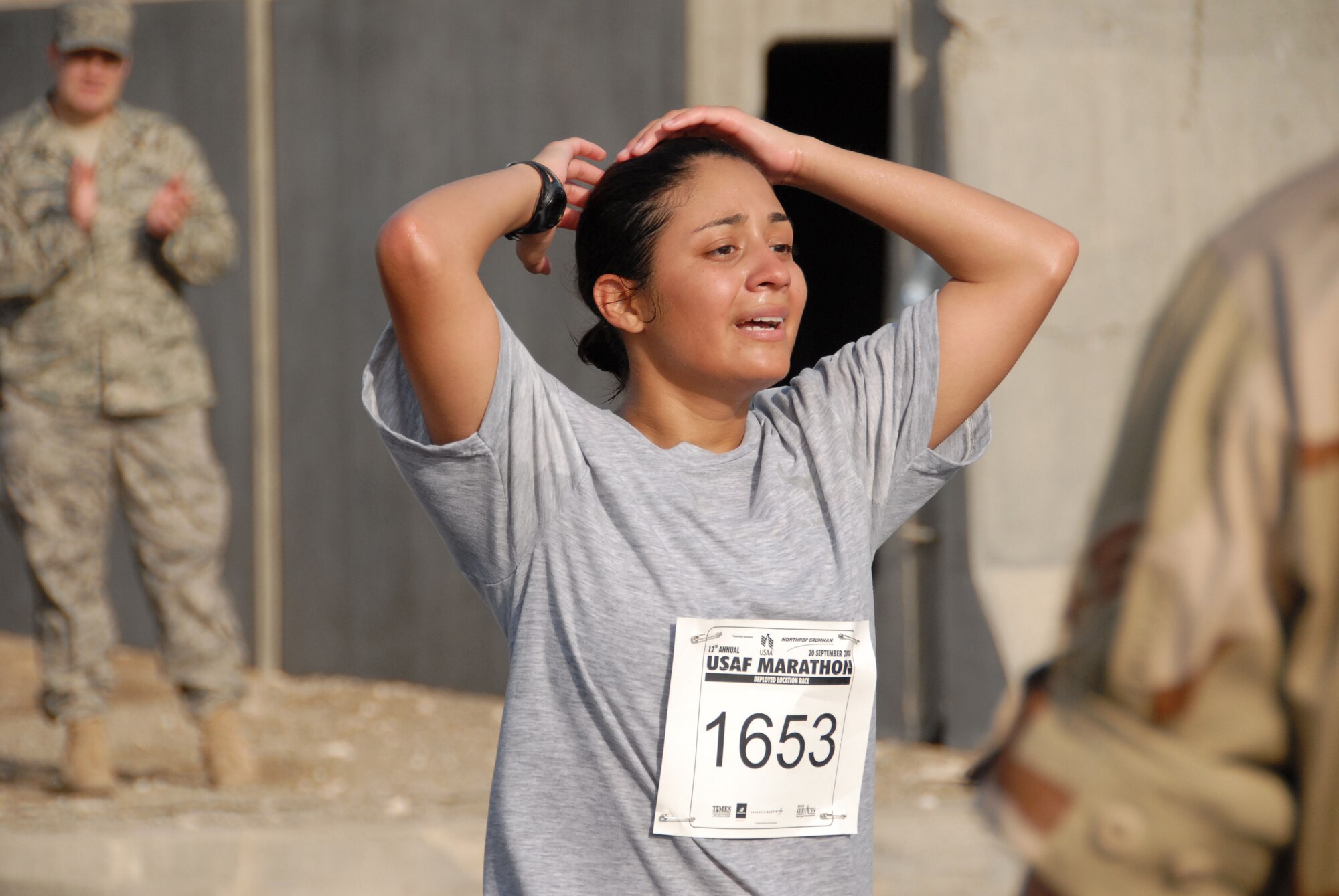 SOUTHWEST ASIA -- Linda Pantoja ran the 13.1-mile "half-marathon" held at the 380th Air Expeditionary Wing today with a time of 2:04:12. The event is an official extension of the U.S. Air Force Marathon that was held at Wright-Patterson Air Force Base, Ohio, Sept. 20. Extensions of the marathon allow deployed Airmen to compete as long as they are registered and the event follows official rules. Extensions must be held within 10 days of the actual marathon. (U.S. Air Force photo/Tech. Sgt. Denise Johnson)(released)