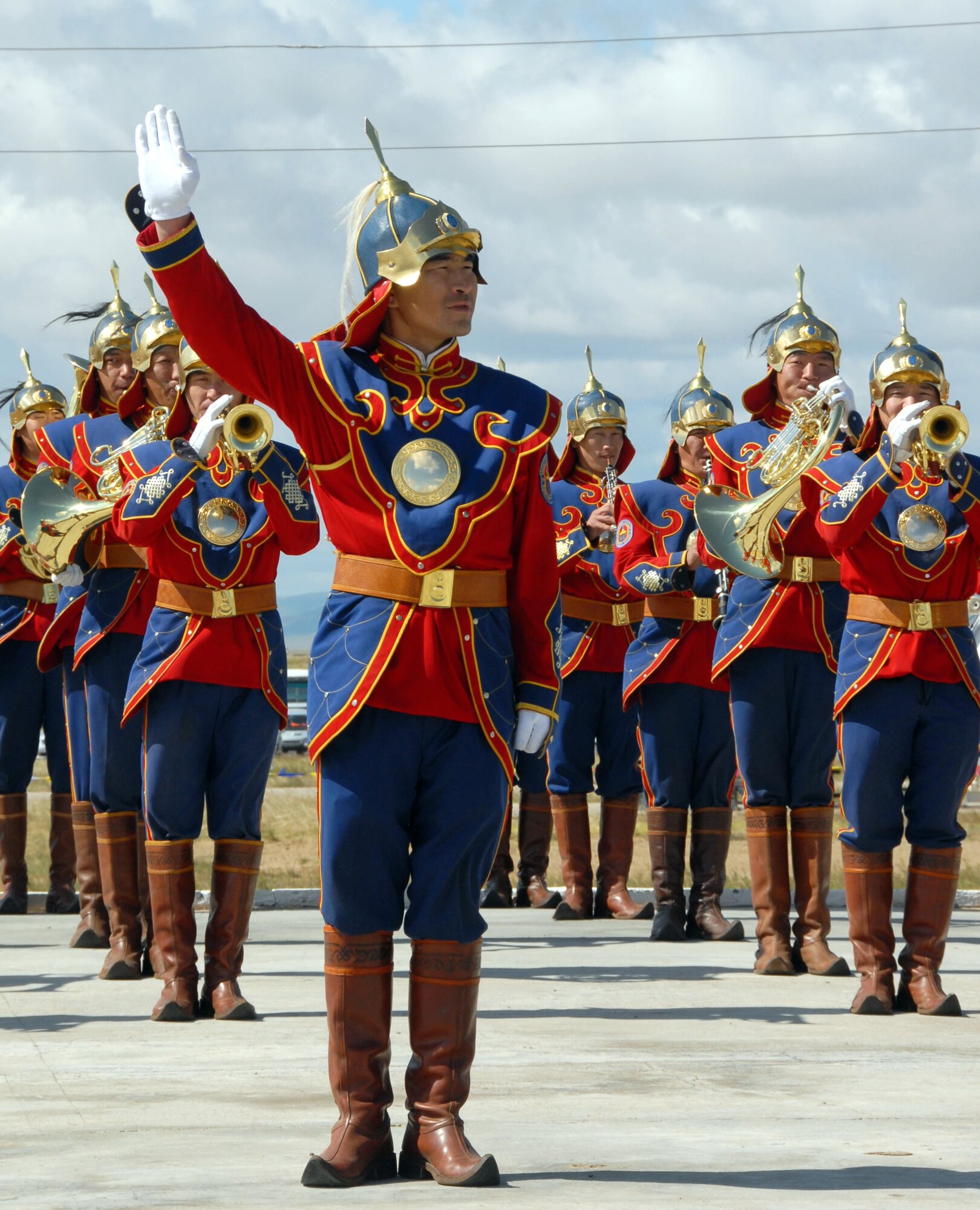 The Mongolian Presidential Honor Guard Band performs during the opening ceremony of Khaan Quest 2008 at Camp Five Hills, Mongolia. Alaska Air National Guard photo by MSgt. Jules Barklow.
