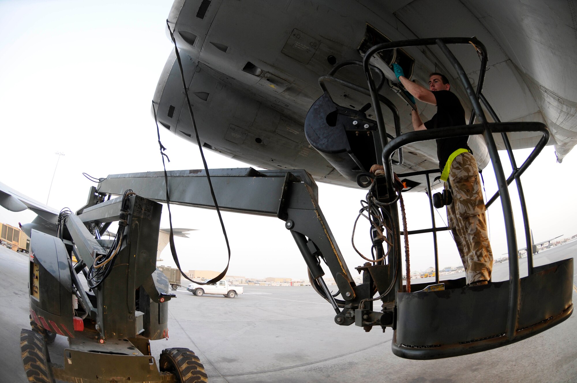 Senior Air Craftsman Ken Dunster, propulsion technician assigned to the 101 Squadron, performs an engine inspection on a VC-10, Sept. 26, 2008, at an undisclosed air base in Southwest Asia. The VC-10 is a dual-role air transport and air-to-air refueling aircraft capable of dispensing to two receiver aircraft simultaneously from two underwing probe-and-drogue pods. VC-10s assigned here refuel British and other coalition aircraft supporting Operations Iraqi and Enduring Freedom.  Craftsman Dunster, a native of Essex, England, is deployed from Royal Air Force Brize Norton, England. (U.S. Air Force photo by Staff Sgt. Darnell T. Cannady/Released)